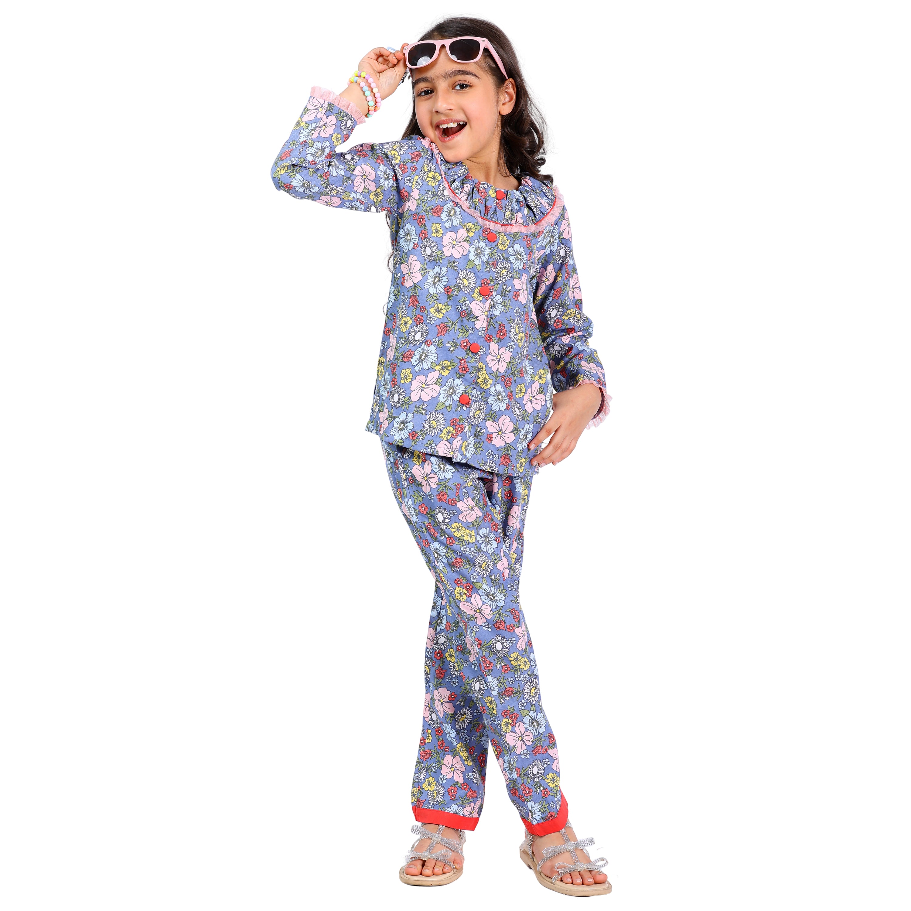 Long Sleeve Cord Set – Grey Floral Print with Contrast Buttons