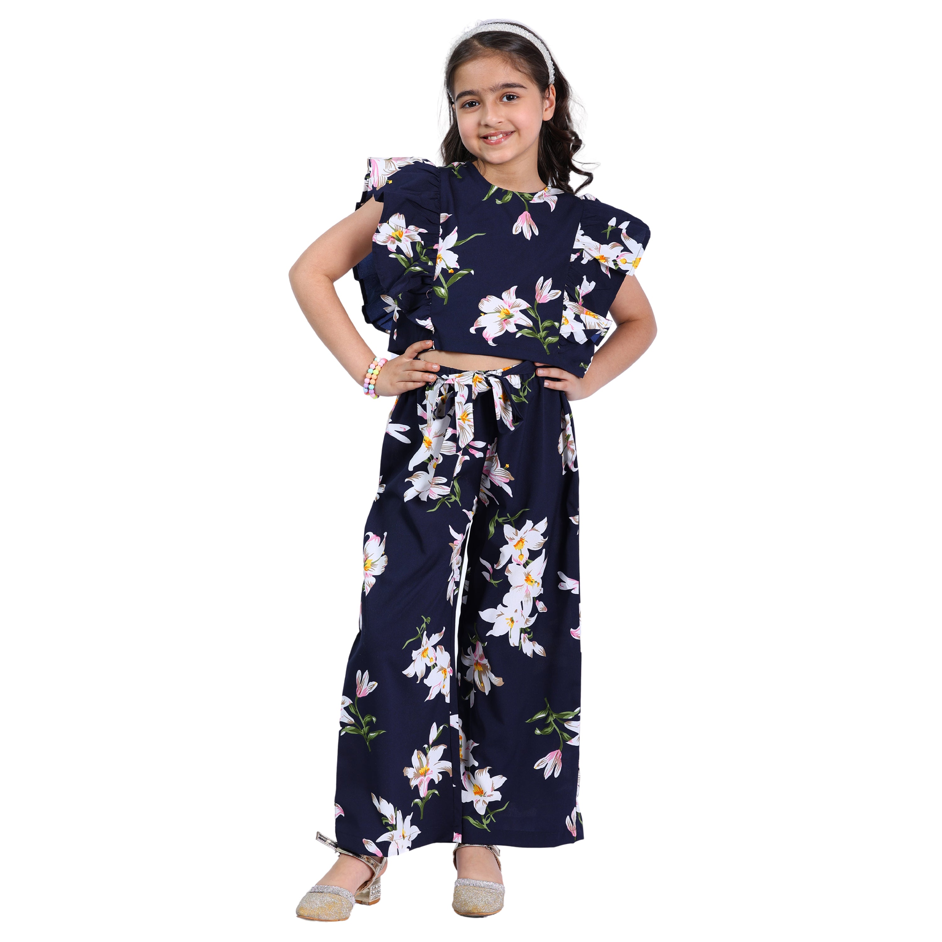 Girls Navy Floral & Polka Printed Clothing Set – Top with Palazzo (4–10 Yrs)