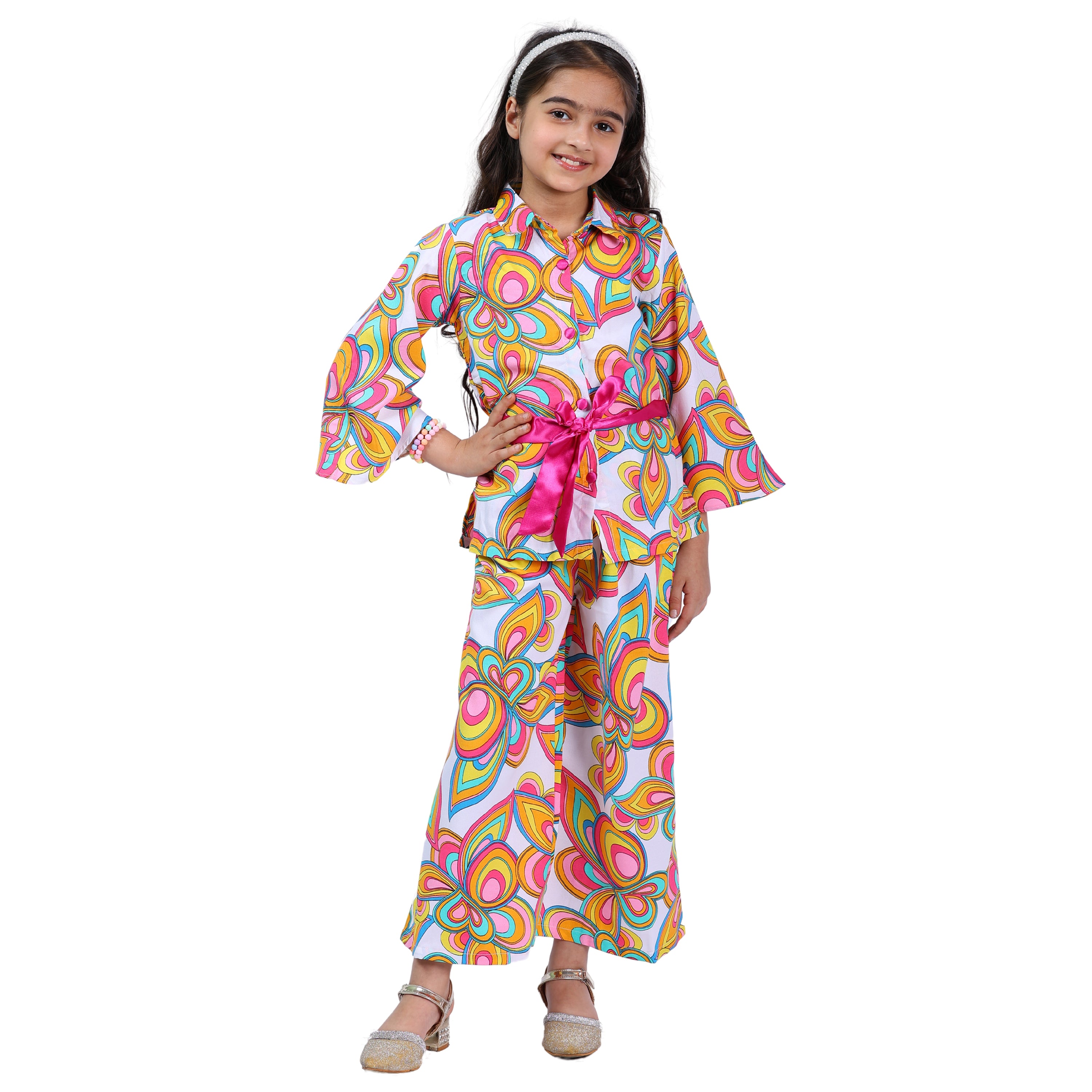 Girls Long Sleeve Cord Set – Abstract Print with Belt (Multi-color)