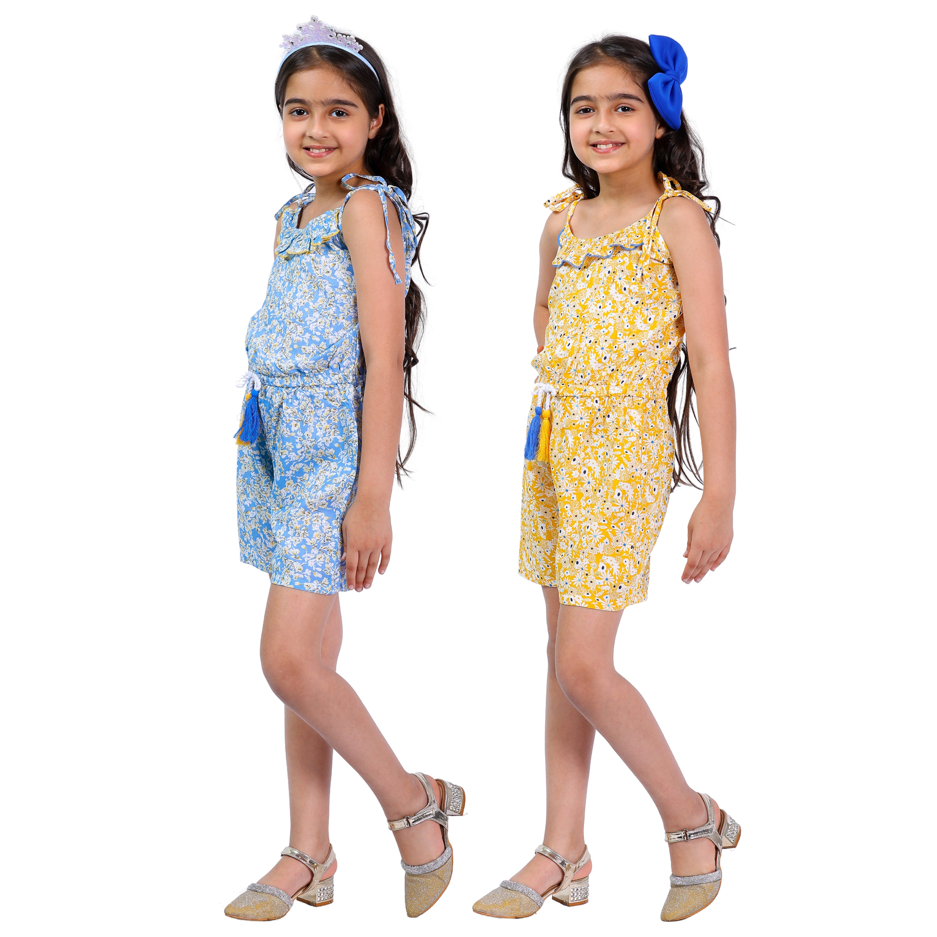 Girls Set of 2 Short Jumpsuits – Yellow & Blue with Tassel Dori (4–10 Yrs)