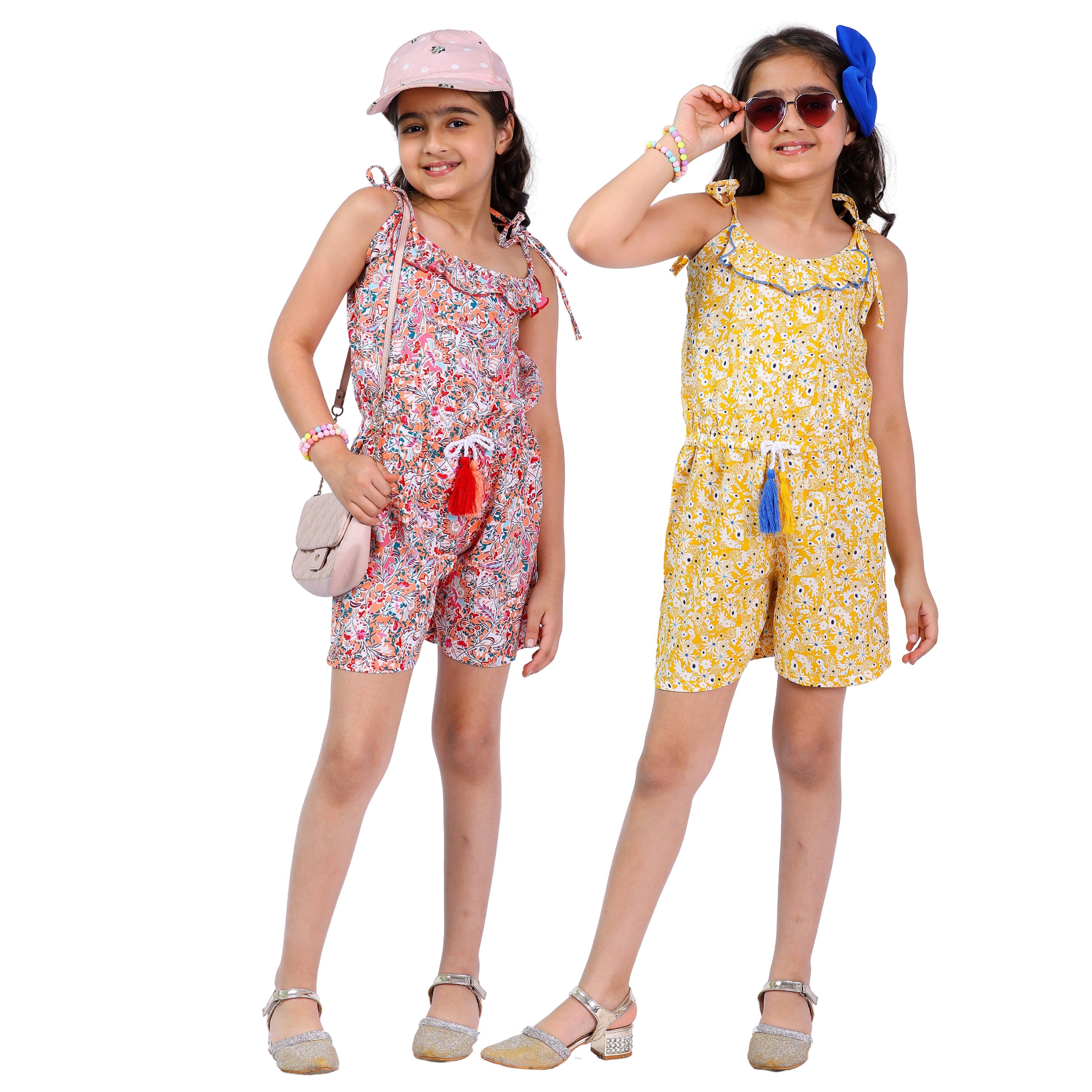 Set of 2 Girls Short Jumpsuits – Multi & Yellow with Tassel Dori Waist (Multi & Yellow)