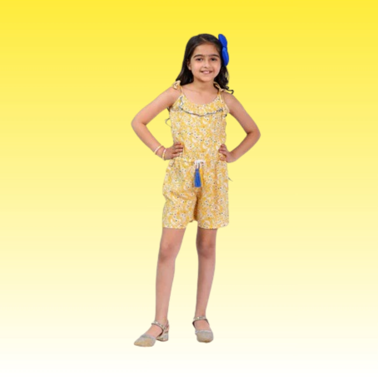 Girls Printed Floral Stylish Comfortable Short Jumpsuit YELLOW