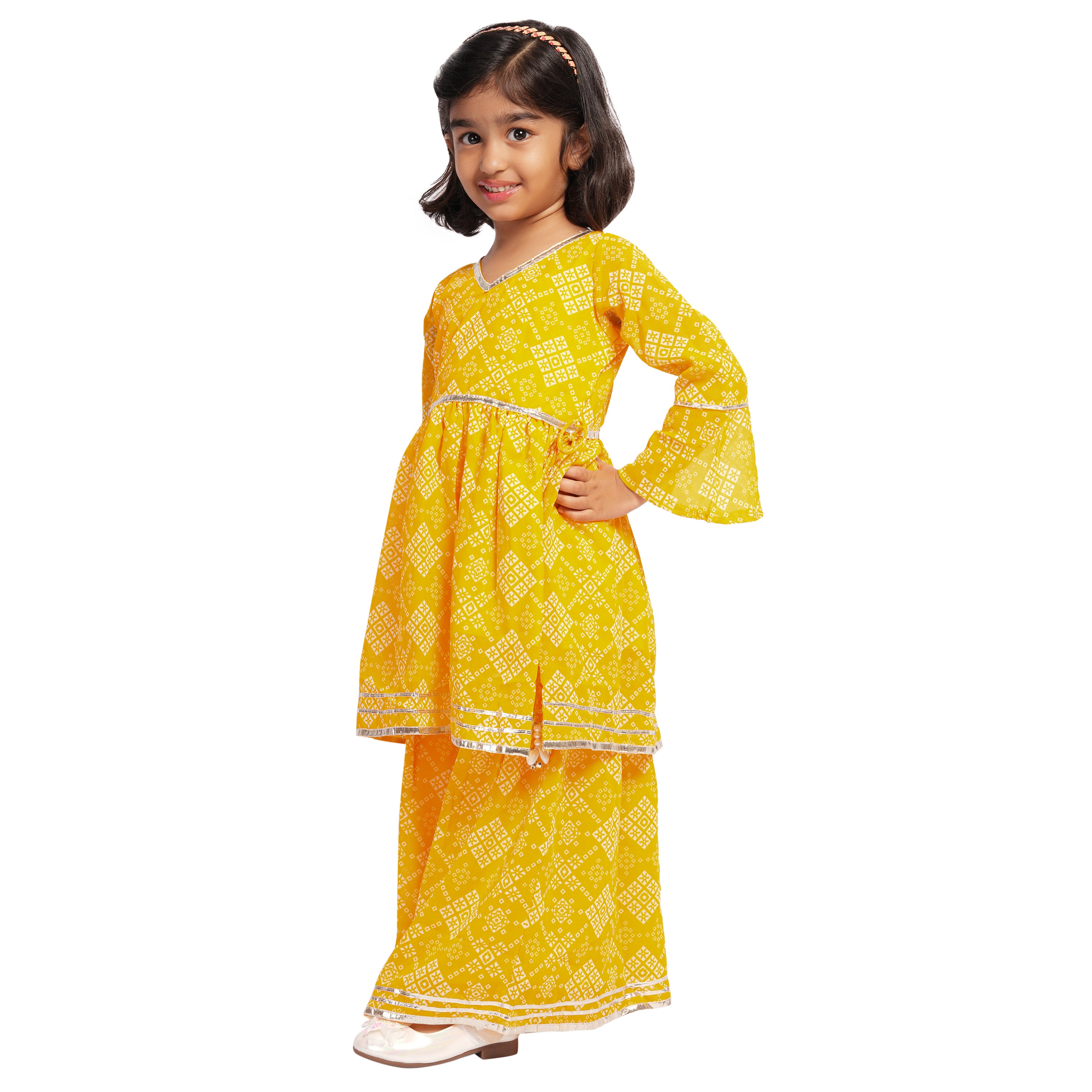 Girls Jaipuri Printed Sharara Set with Gota Work – Ethnic Wear (Yellow)