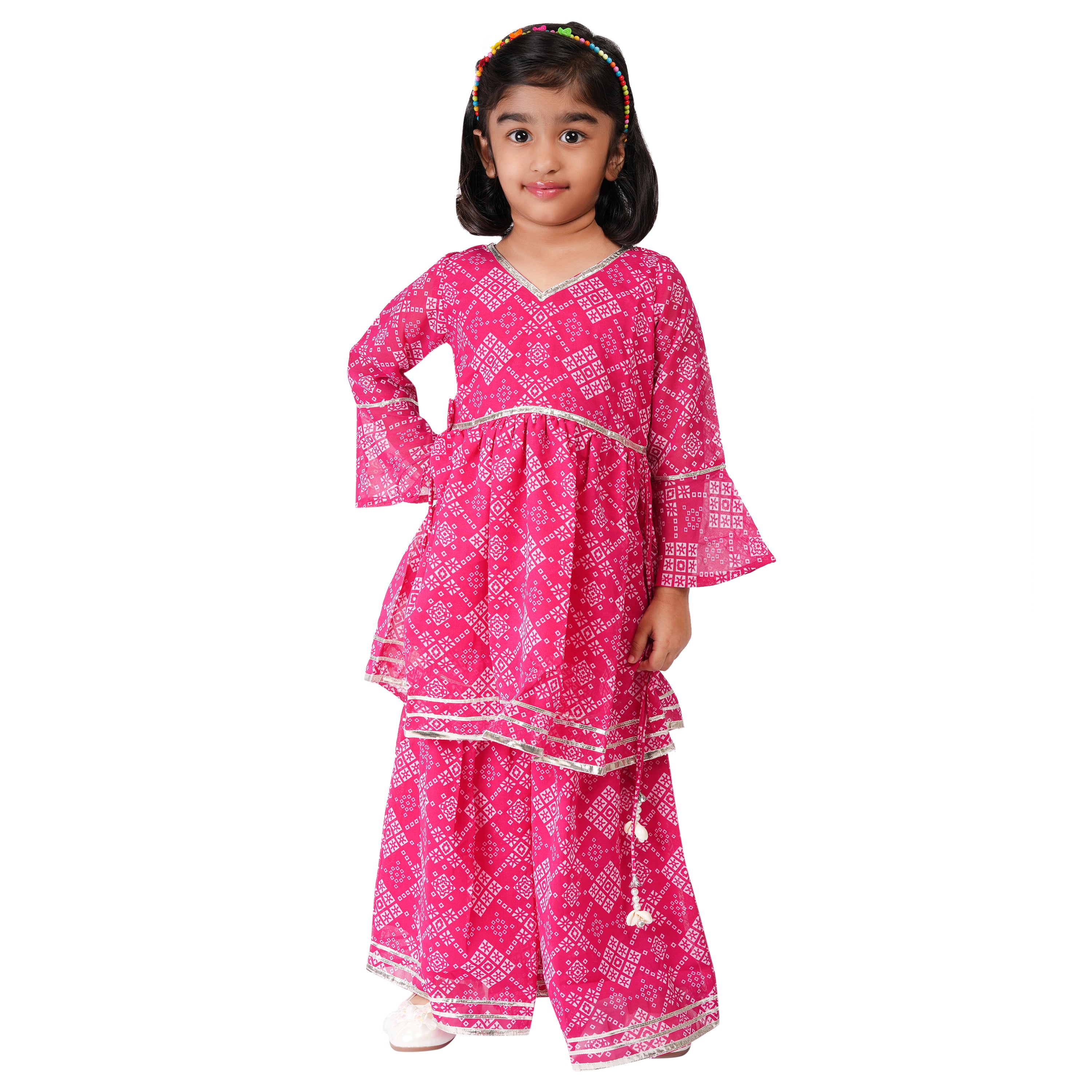Pink Jaipuri Printed Sharara Set with Gota Work & Kaudi (Ethnic Wear)