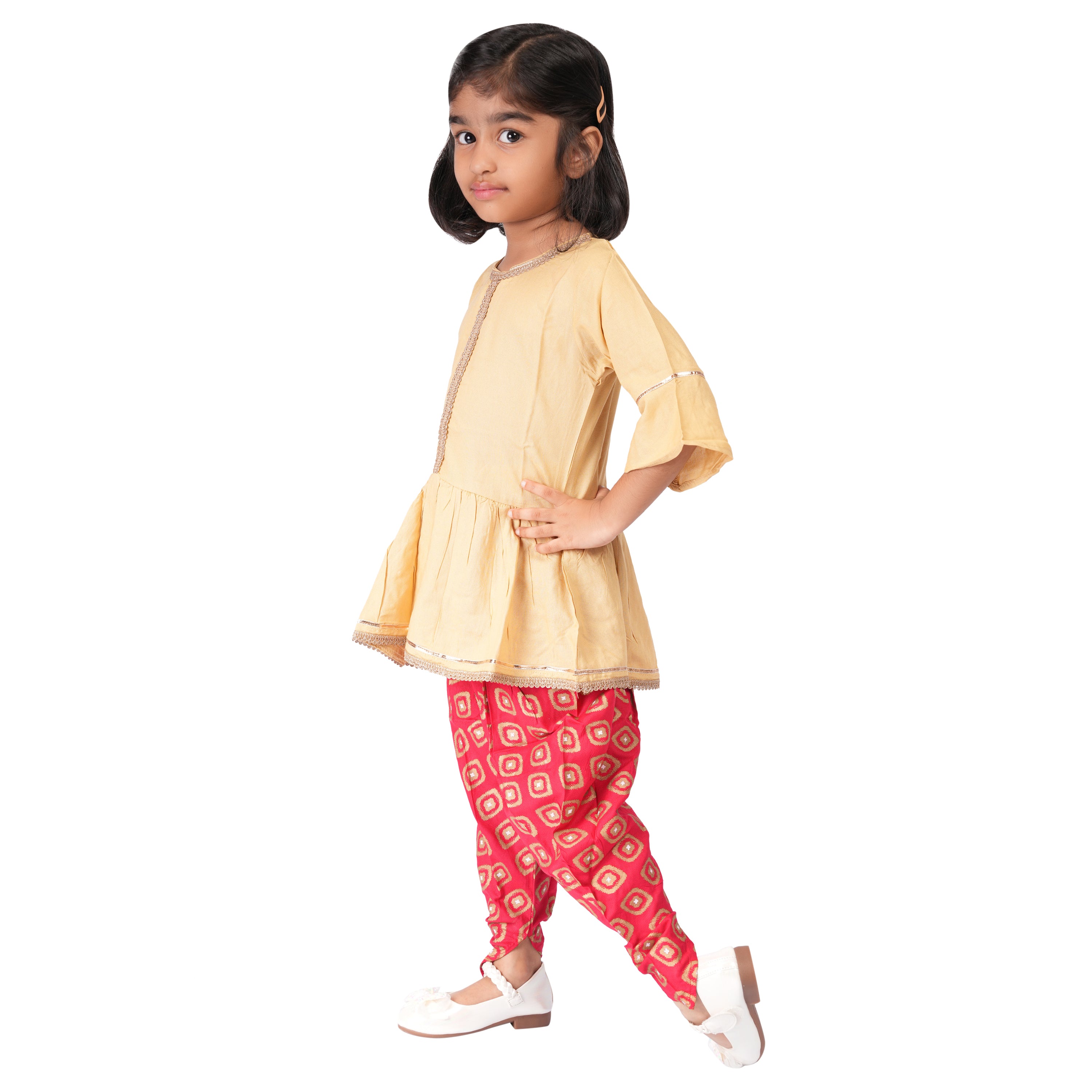 Girls Ethnic Dhoti Set – Beige & Red Foil Print with Gota Patti Work