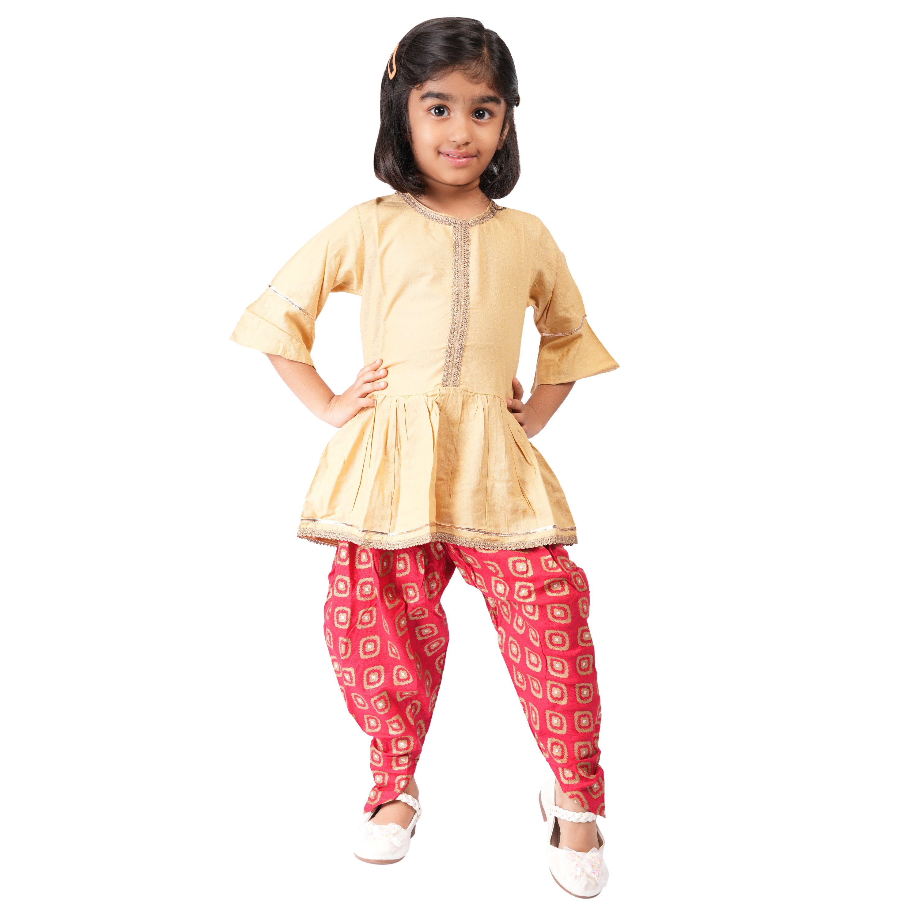 Girls Ethnic Dhoti Set – Beige & Red Foil Print with Gota Patti Work