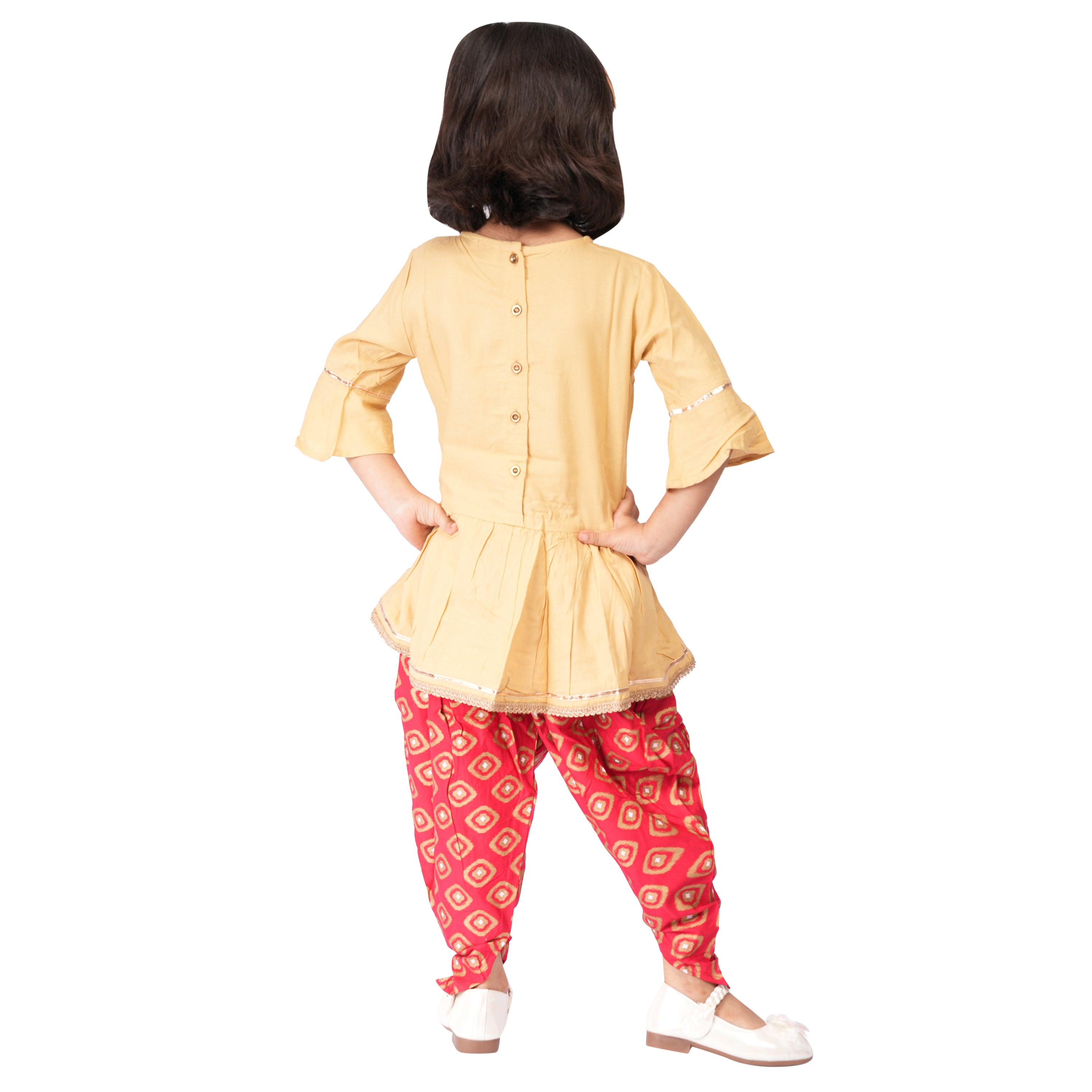 Girls Ethnic Dhoti Set – Beige & Red Foil Print with Gota Patti Work