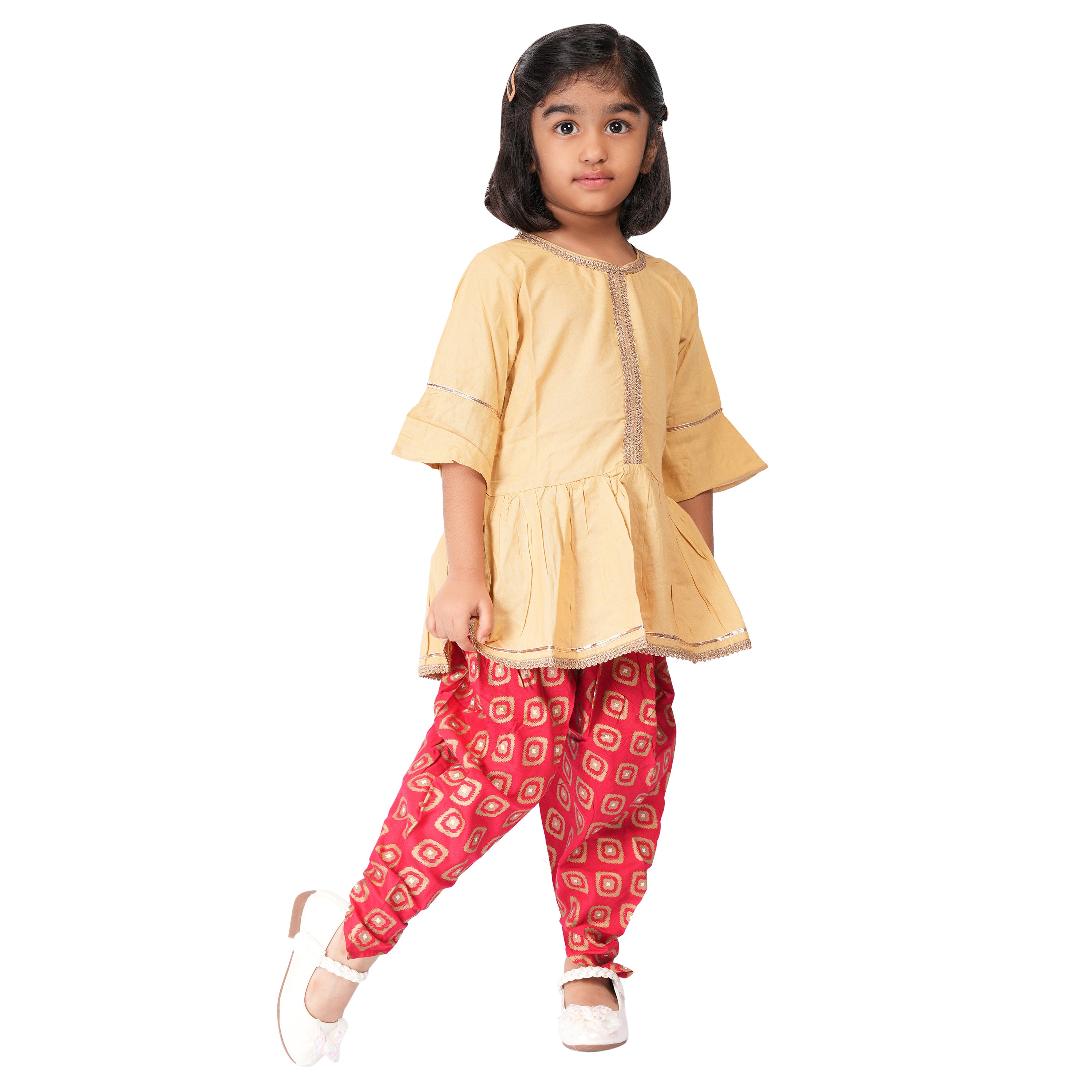 Girls Ethnic Dhoti Set – Beige & Red Foil Print with Gota Patti Work