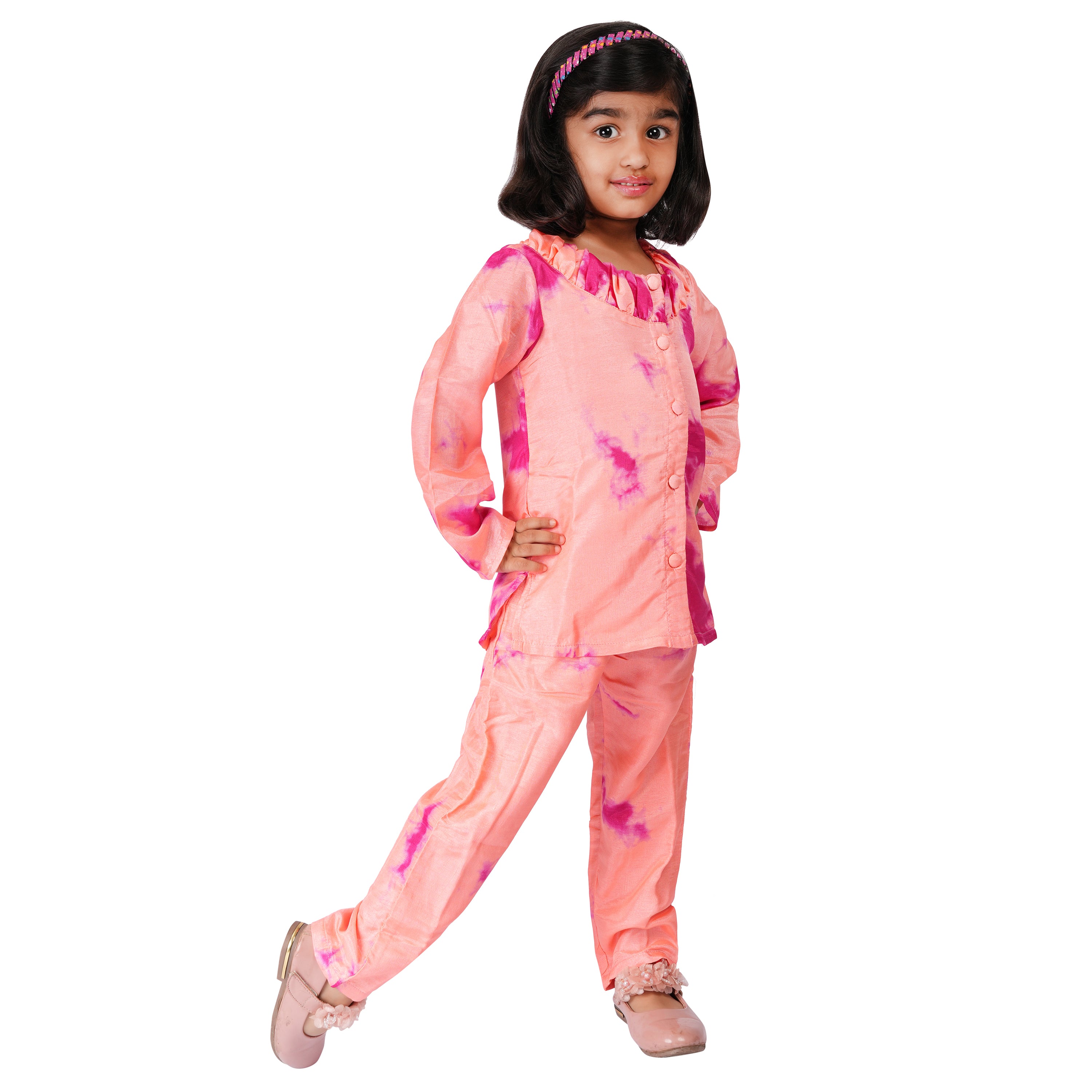 Girls Formal Ethnic Set – Peach & Pink Tie-Dye in Art Silk (Waist Length)