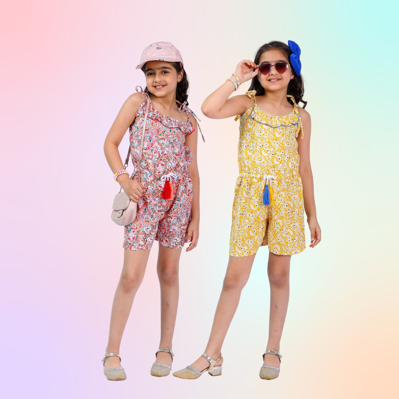 Set of 2 Girls Short Jumpsuits – Multi & Yellow with Tassel Dori Waist (Multi & Yellow)