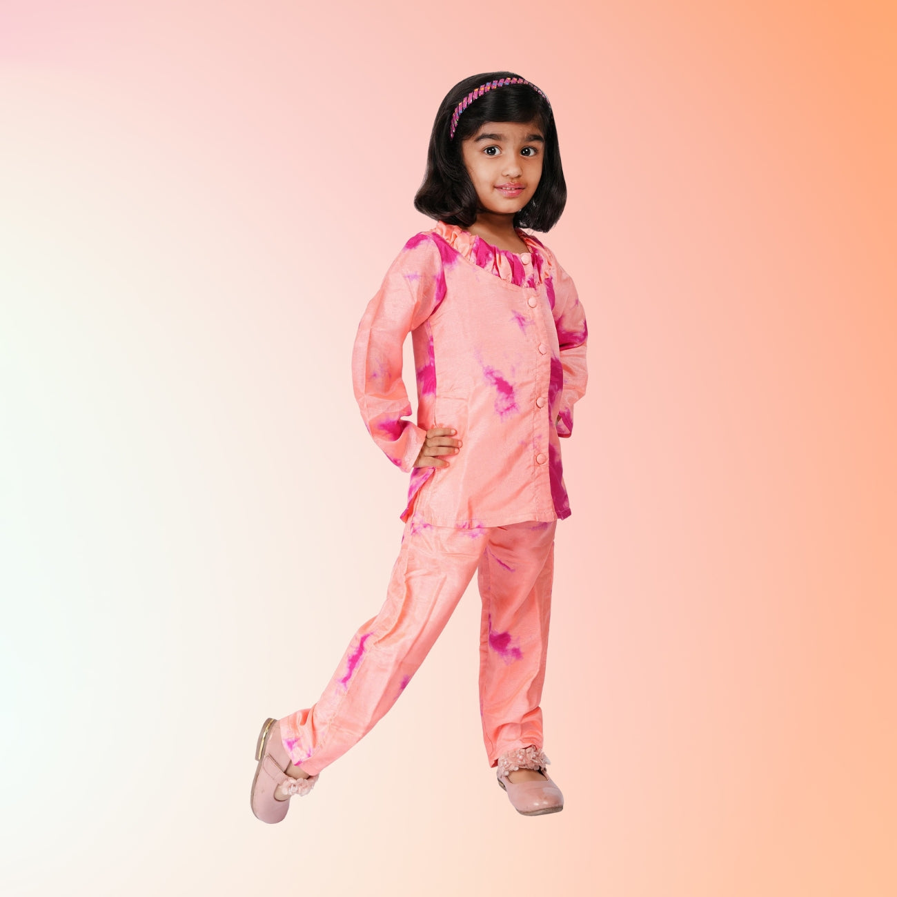 Girls Formal Ethnic Set – Peach & Pink Tie-Dye in Art Silk (Waist Length)