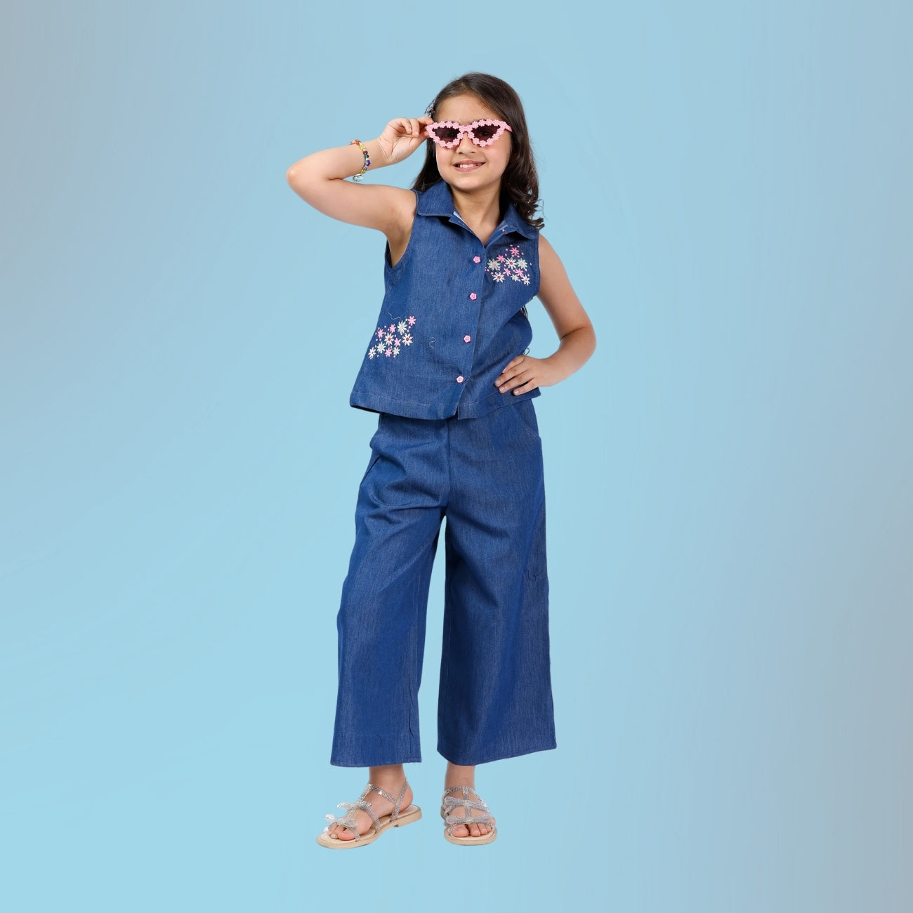 Girls Denim Clothing Set – Floral Embroidery, Stylish & Formal (4–10 Yrs)