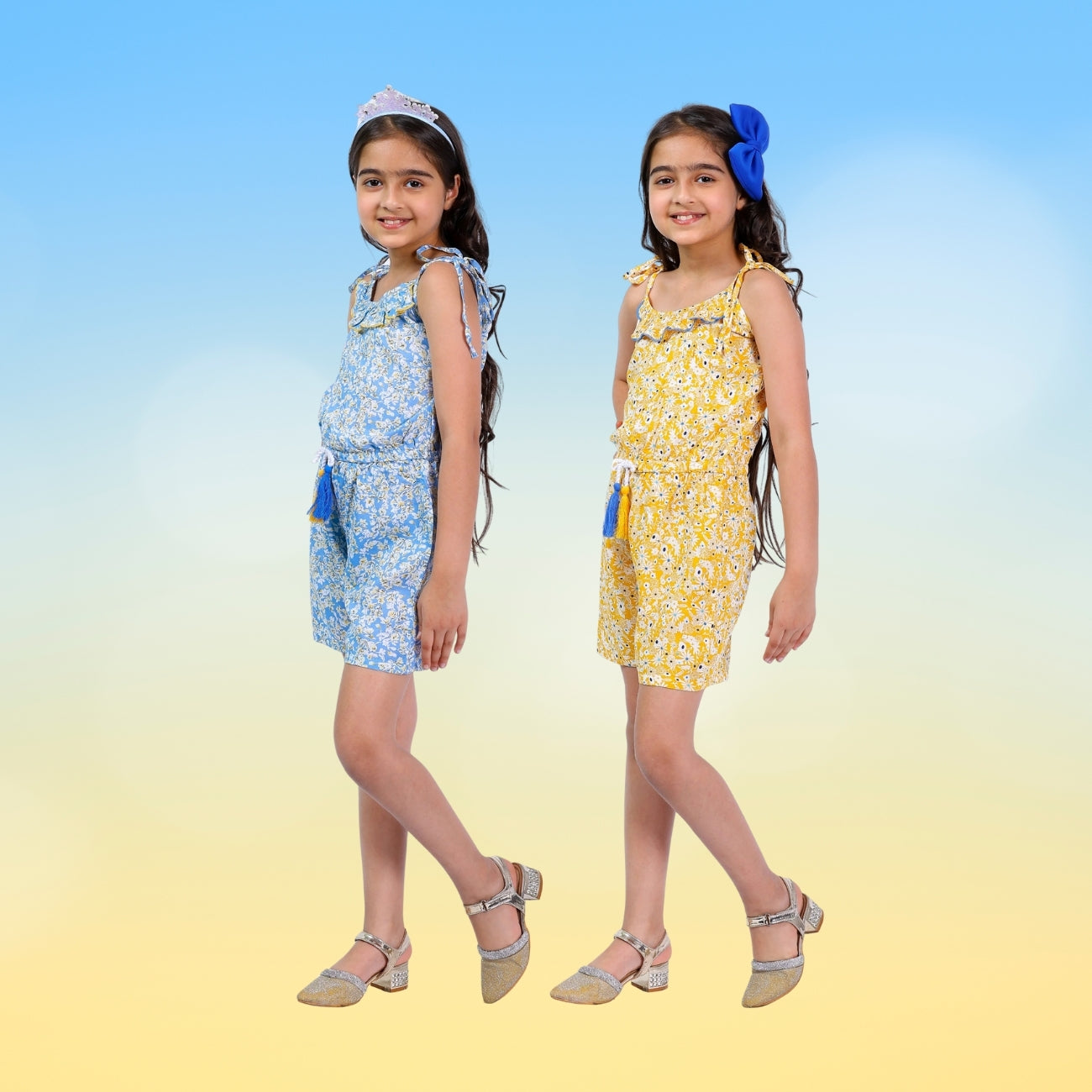 Set of 2 Short Jumpsuits – Blue & Yellow Floral with Tassel Dori (4–10 Yrs)