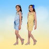 Set of 2 Short Jumpsuits – Blue & Yellow Floral with Tassel Dori (4–10 Yrs)