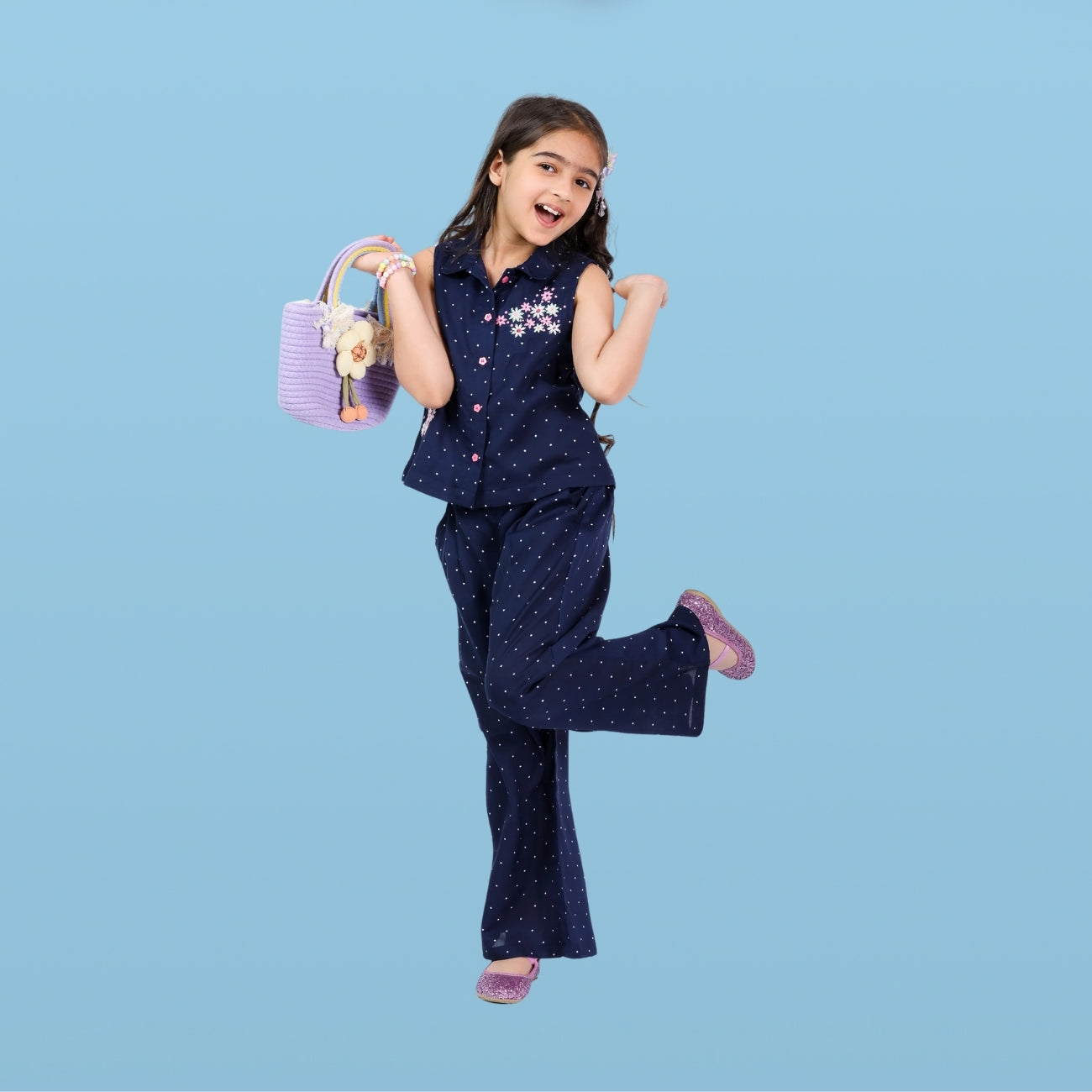 Navy Polka Girls Pink Clr Floral Emb Stylish Formal Wear Clothing Set