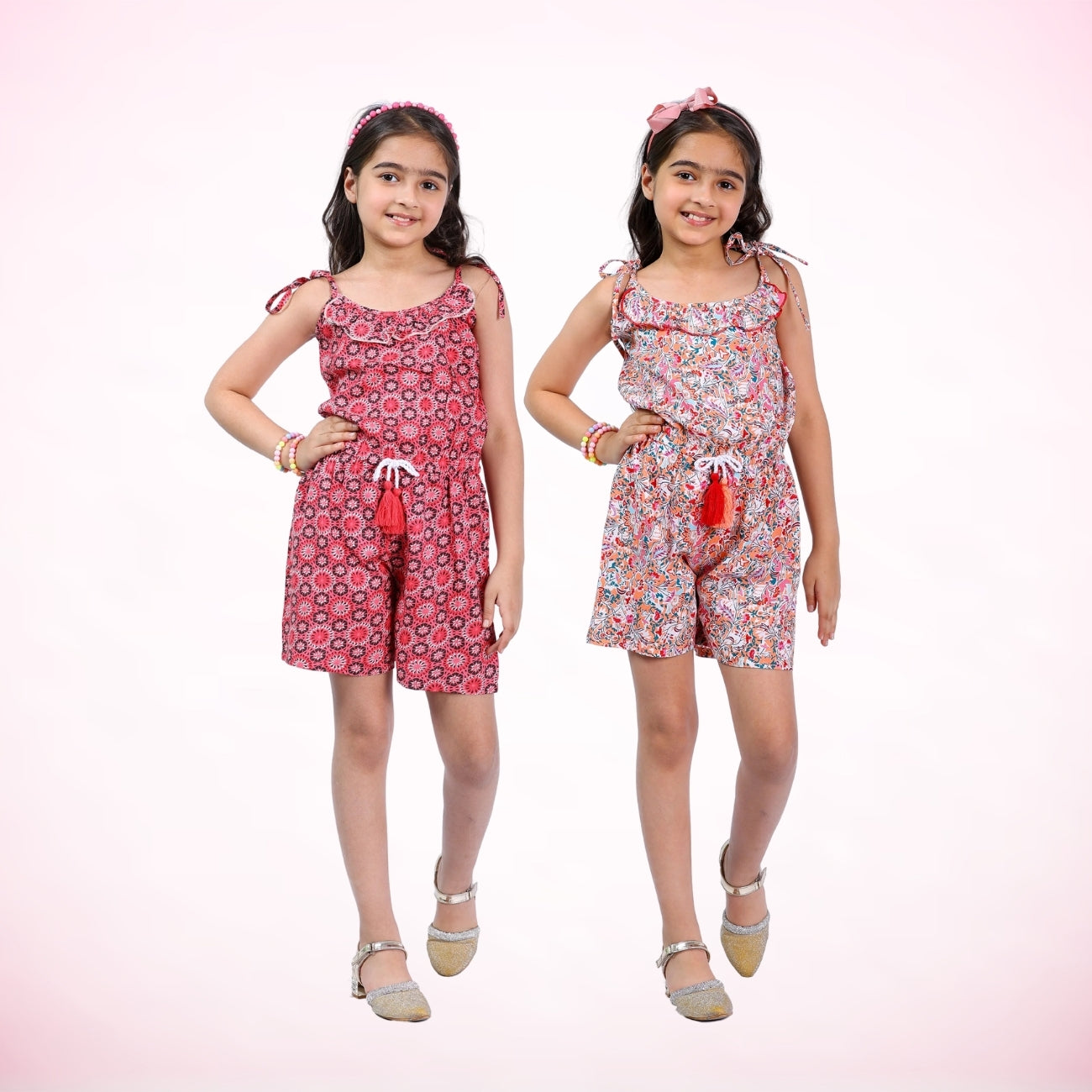 Set of 2 Girls Short Jumpsuits in Red & Multi Color with Tassel Dori (4–10 Yrs)