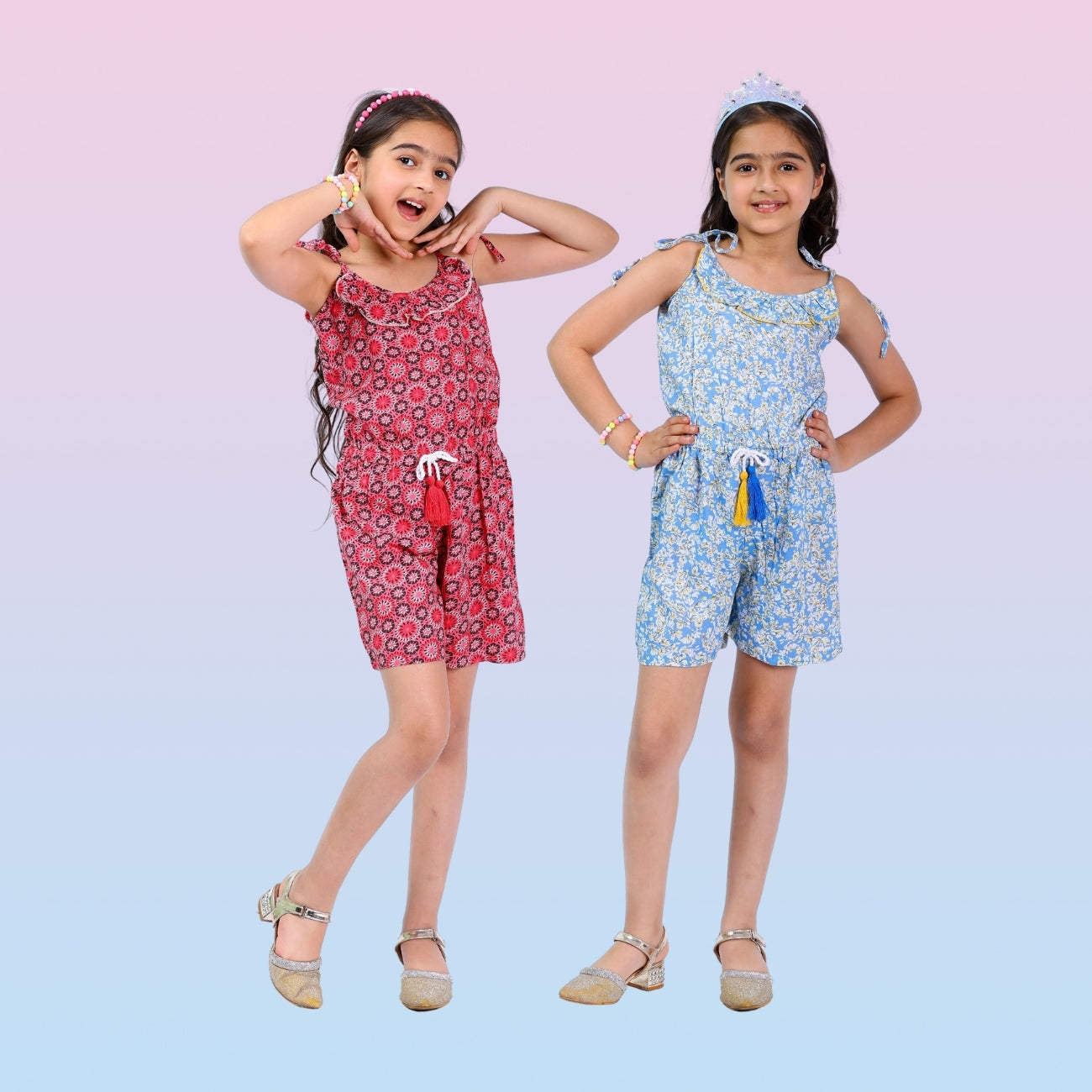 Set of 2 Girls Short Jumpsuits – Red & Blue with Tassel Dori (4–10 Yrs)