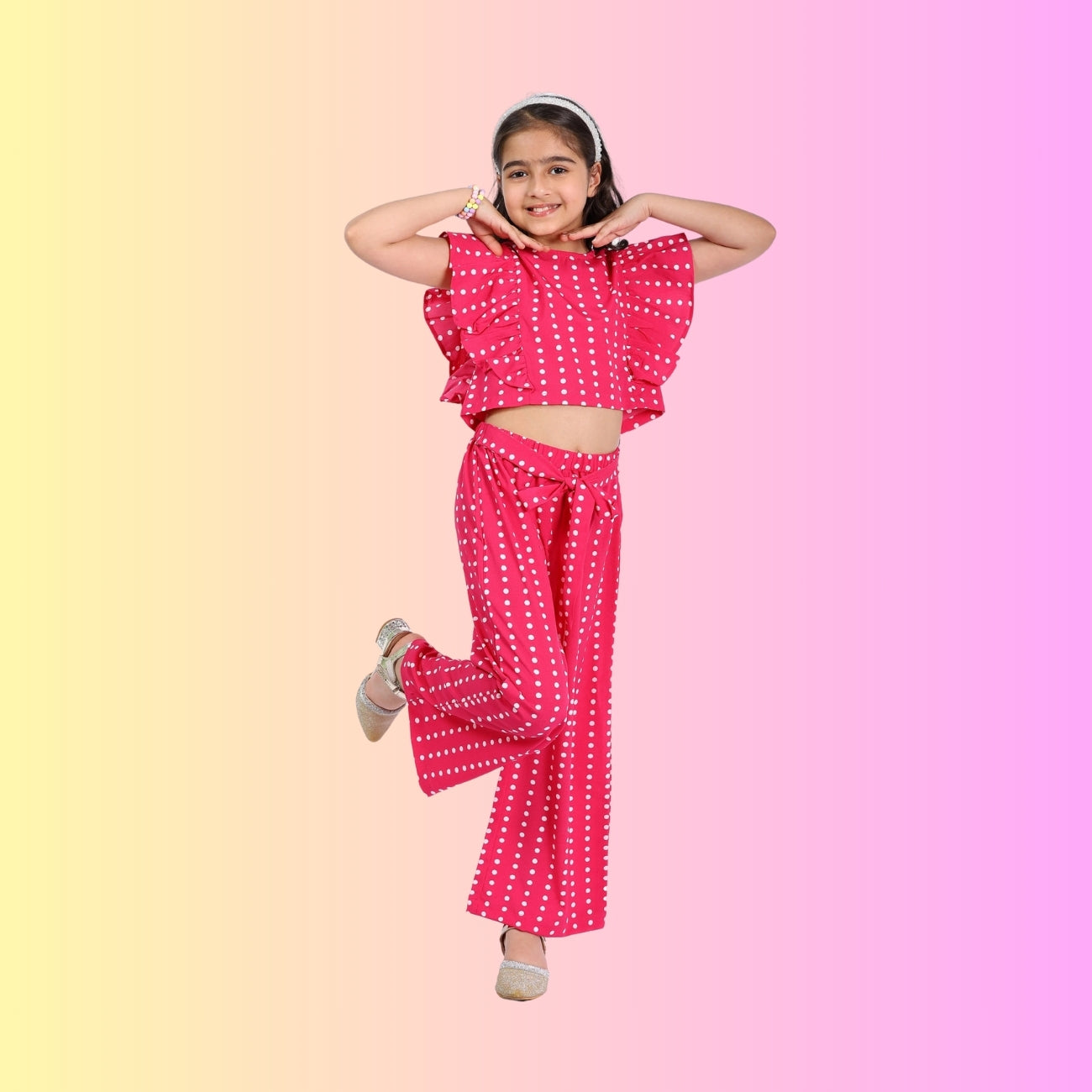 Girls Long Clothing Set – Pink Polka Print, Collar Neck (4–10 Yrs)
