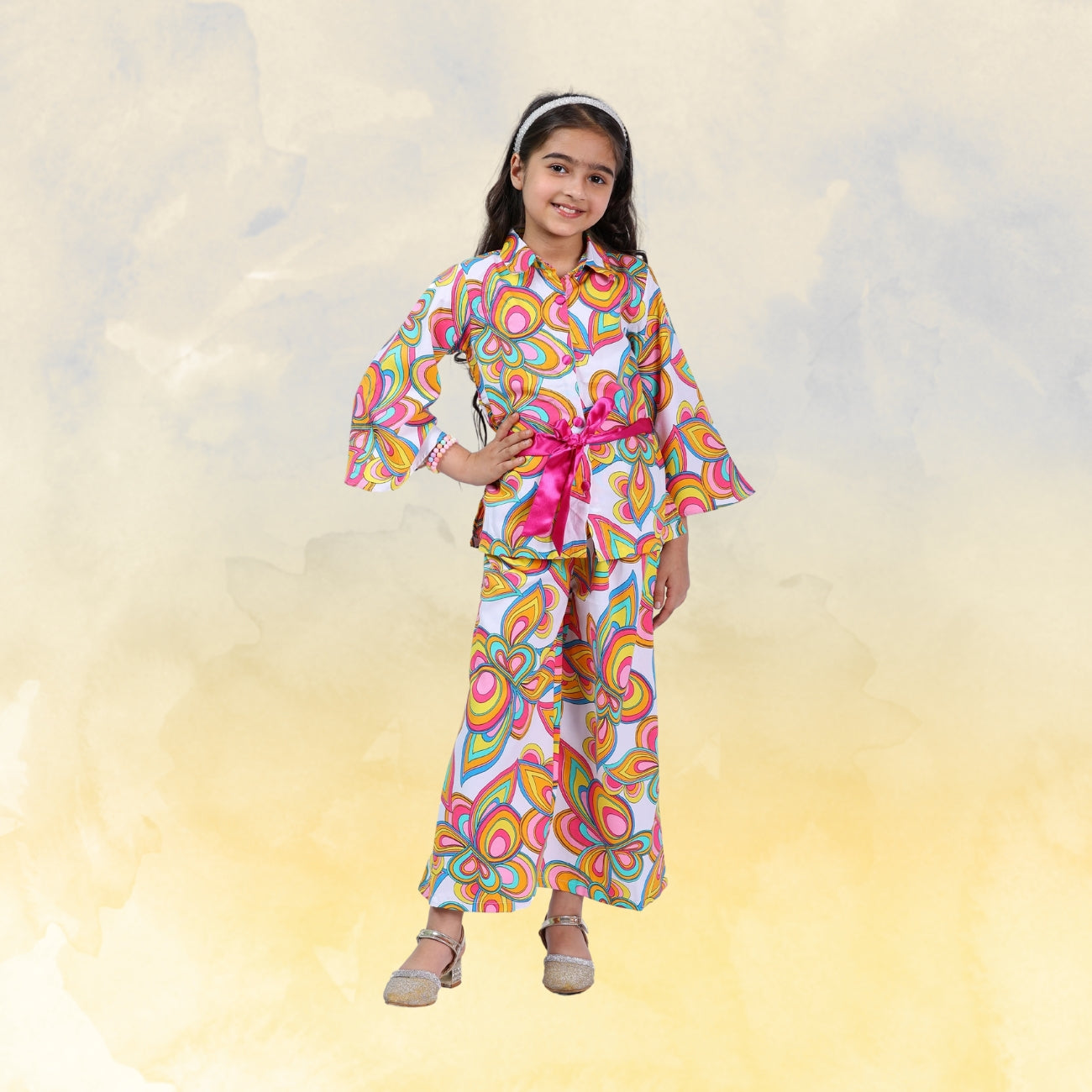Girls Long Sleeve Cord Set – Abstract Print with Belt (Multi-color)