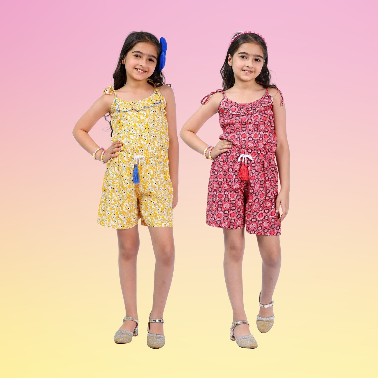 Girls Set of 2 Short Jumpsuits – Coral & Yellow with Tassel Dori (4–10 Yrs)