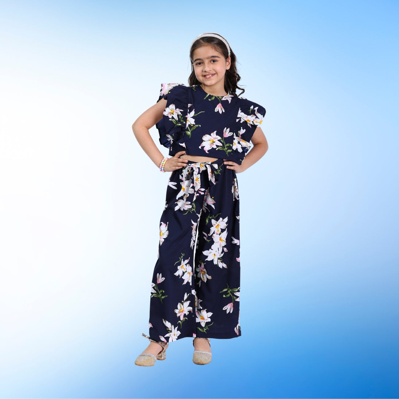 Girls Navy Floral & Polka Printed Clothing Set – Top with Palazzo (4–10 Yrs)