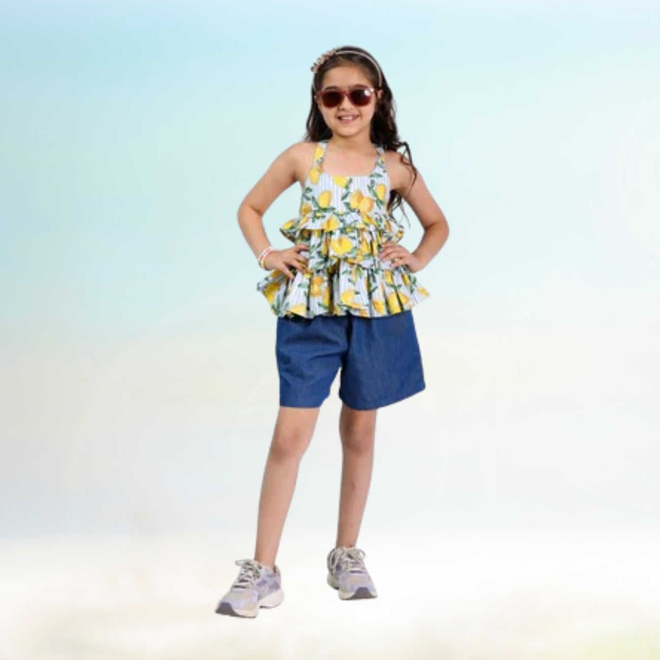 Girls Lemon & Polka Printed Top with Denim Shorts – 4–10 Yrs