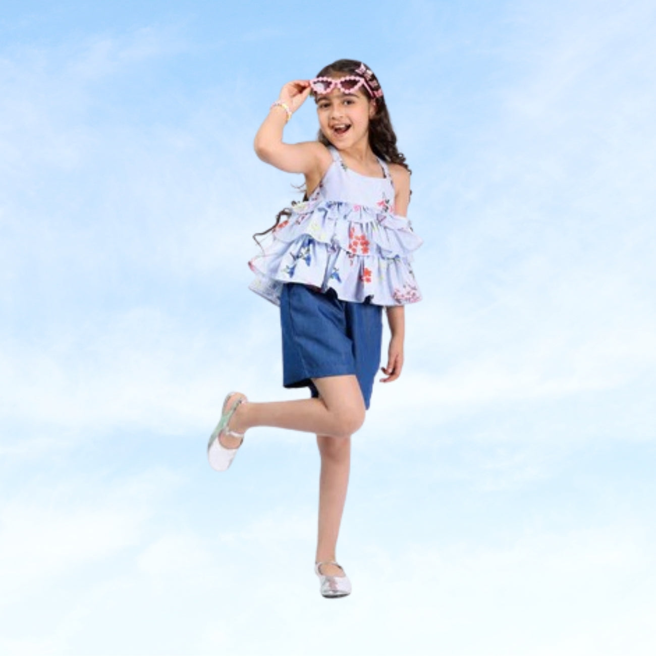 Girls Polka Printed Frill Top with Denim Shorts Set (4–10 Yrs)