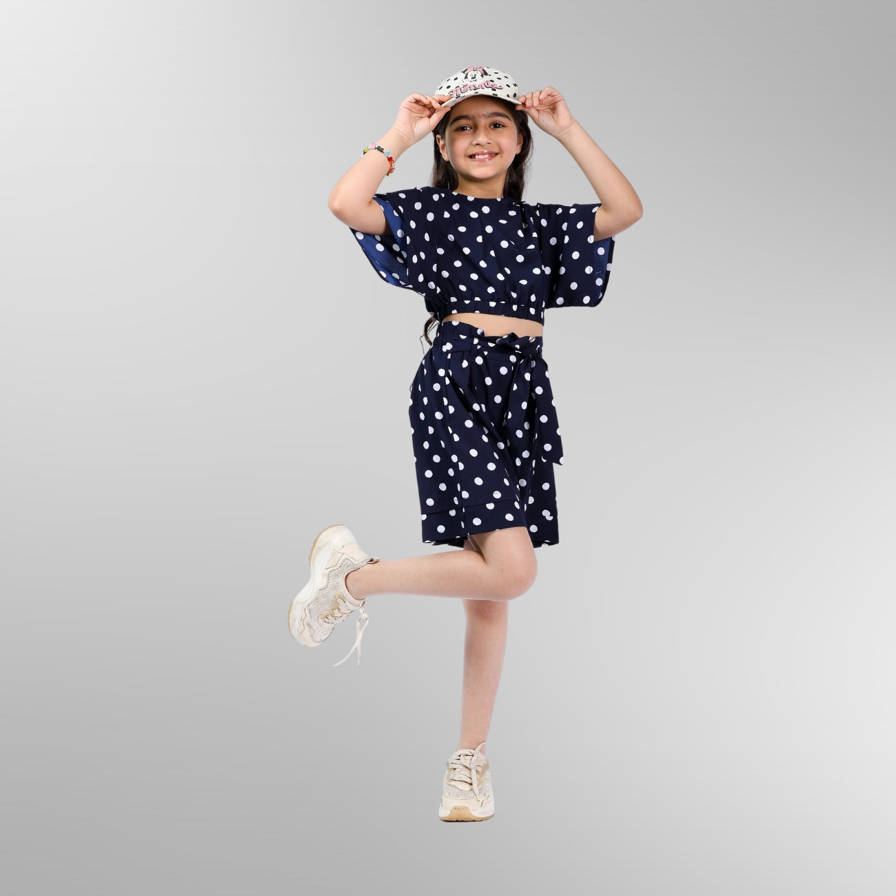 Girls Polka Crop Top & Shorts Set – Navy/White (4–10 Yrs)