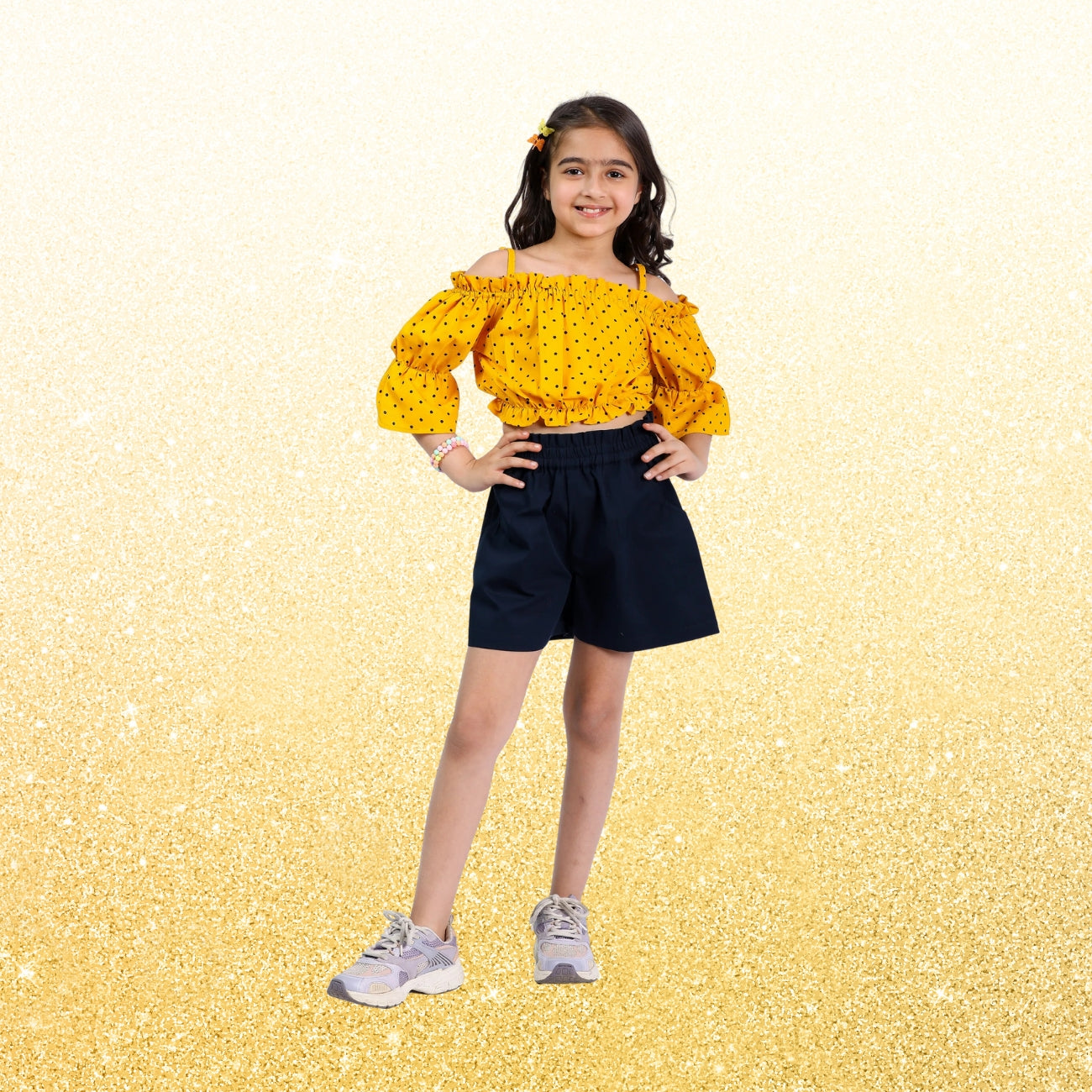 Girls Set – Polka Off-Shoulder Crop Top with Shorts (4–10 Yrs)