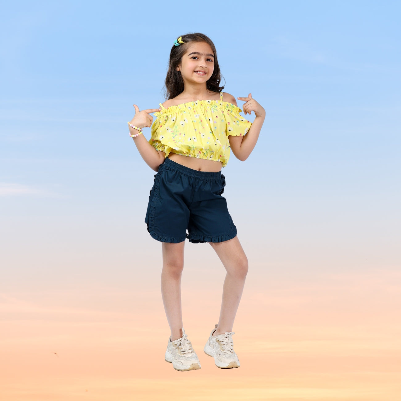 Girls Set – Floral Off-Shoulder Crop Top with Shorts (4–10 Yrs)