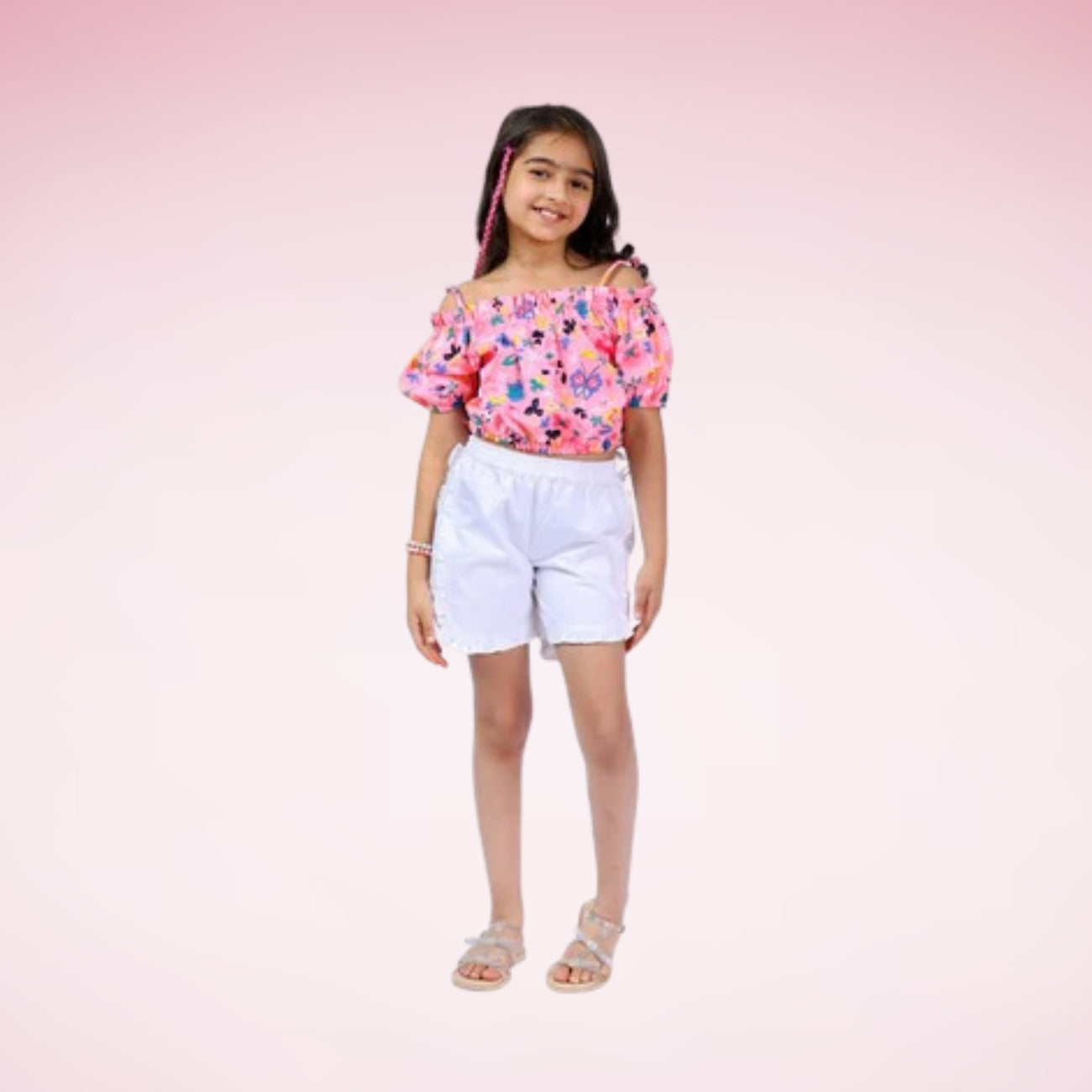 Girls Set – Floral Off-Shoulder Crop Top with Shorts (Neon Pink/White, 4–10 Yrs)