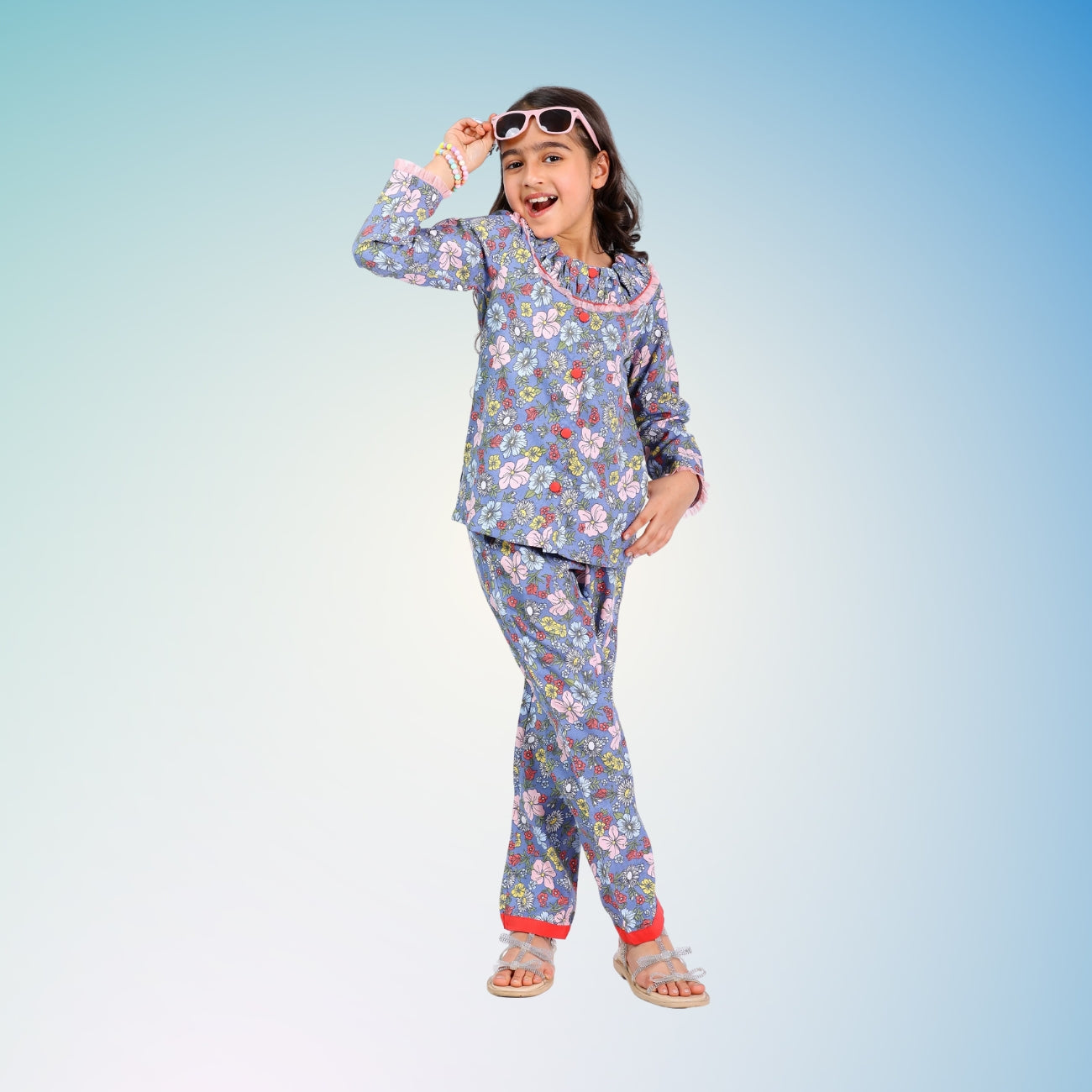 Long Sleeve Cord Set – Grey Floral Print with Contrast Buttons