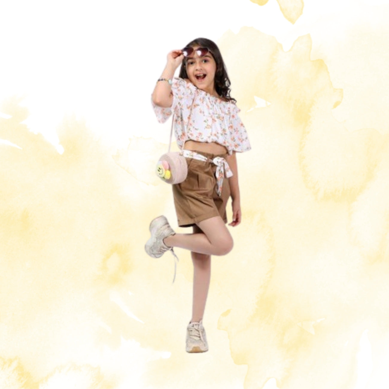 Girls Set – Floral Off-Shoulder Crop Top with Shorts (4–10 Yrs)