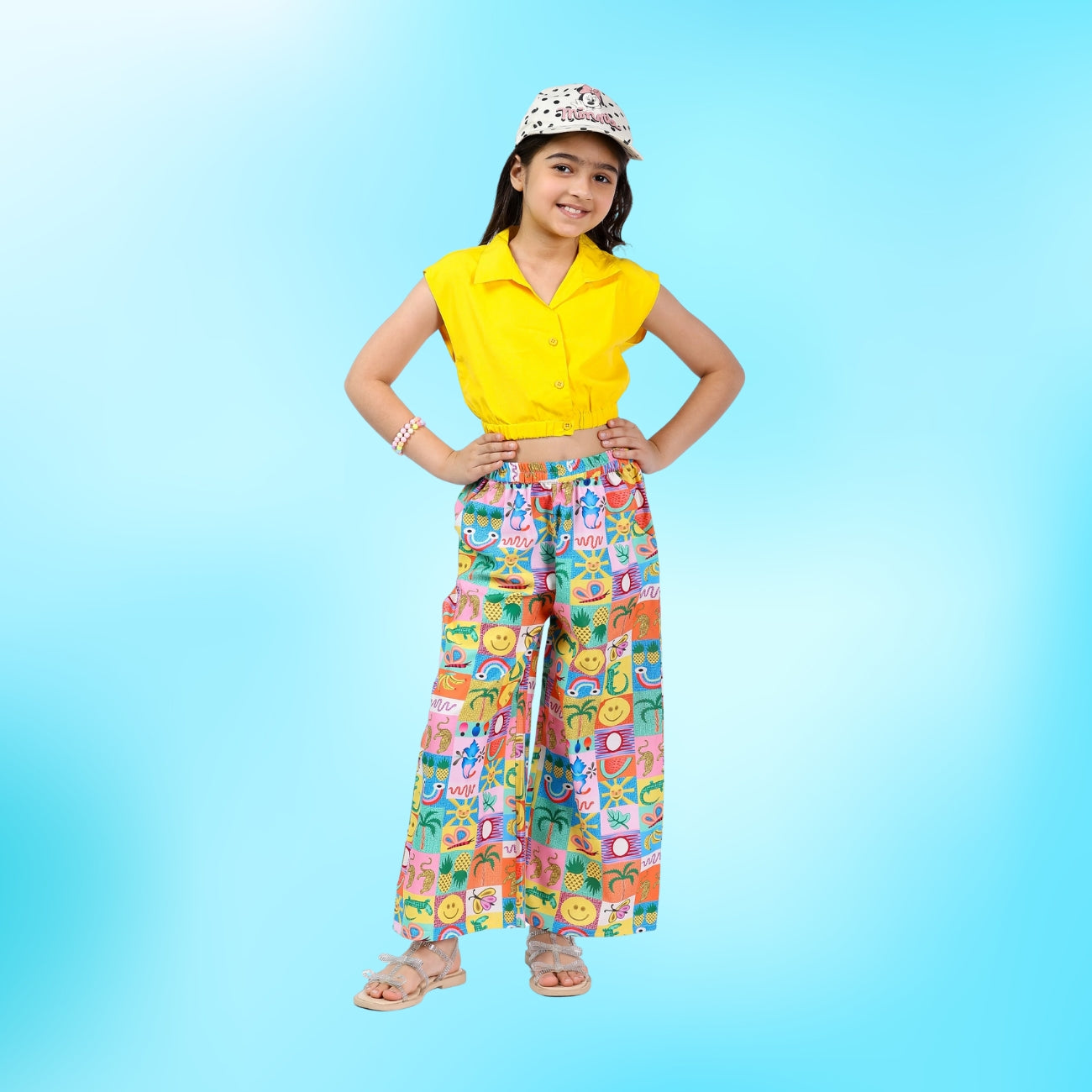 Girls Clothing Set – Yellow Abstract Print, Collar Style (4–10 Yrs)