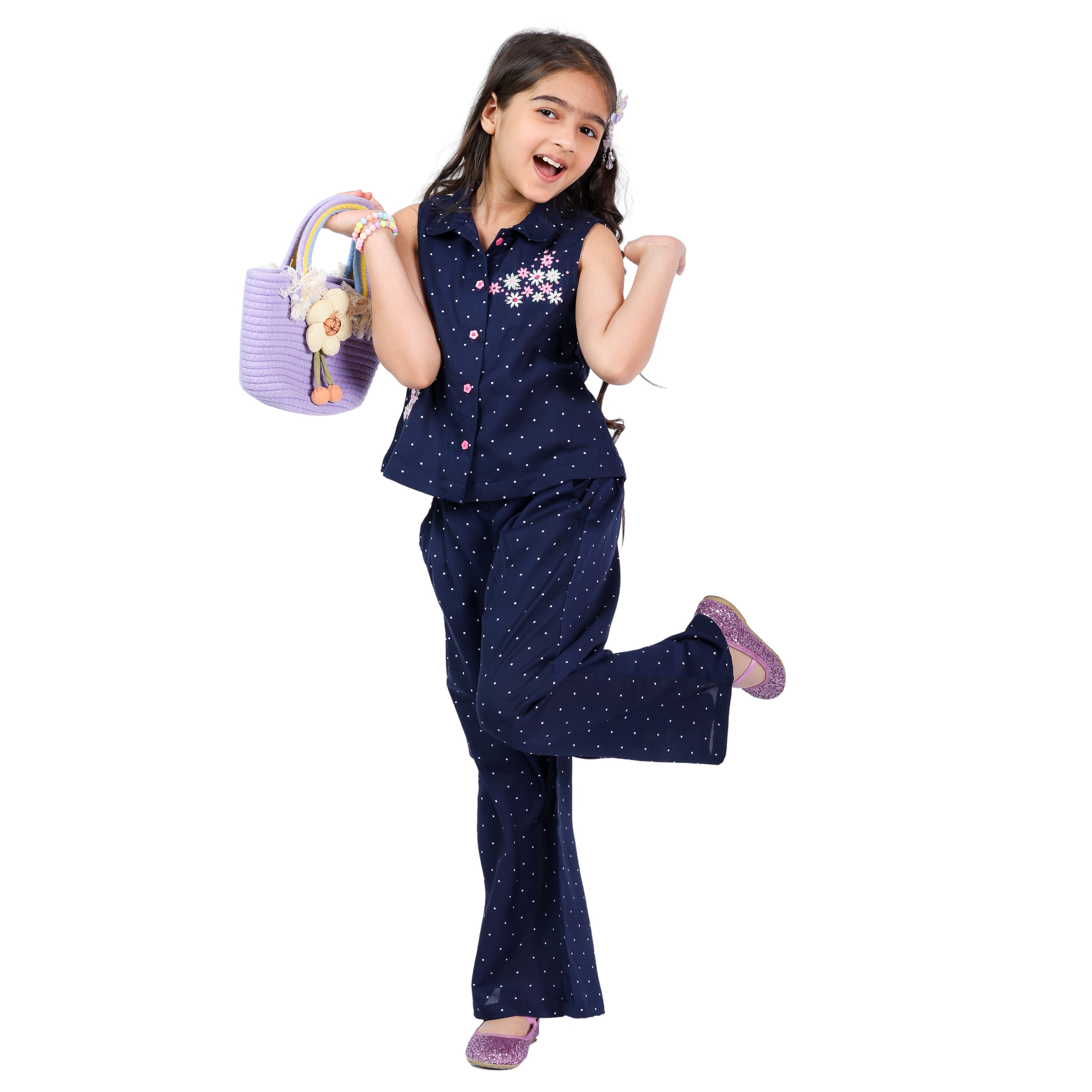 Navy Polka Girls Pink Clr Floral Emb Stylish Formal Wear Clothing Set