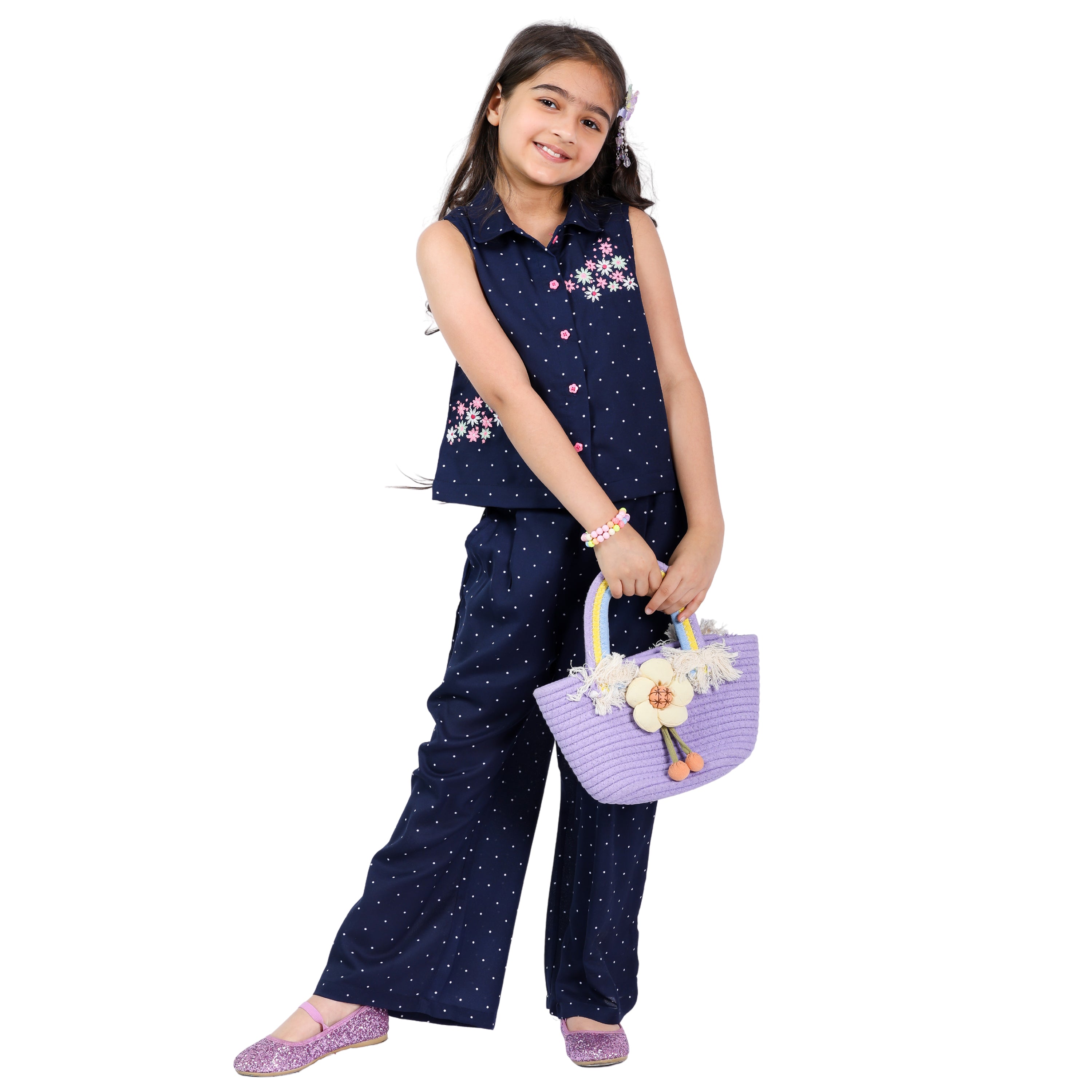 Navy Polka Girls Pink Clr Floral Emb Stylish Formal Wear Clothing Set