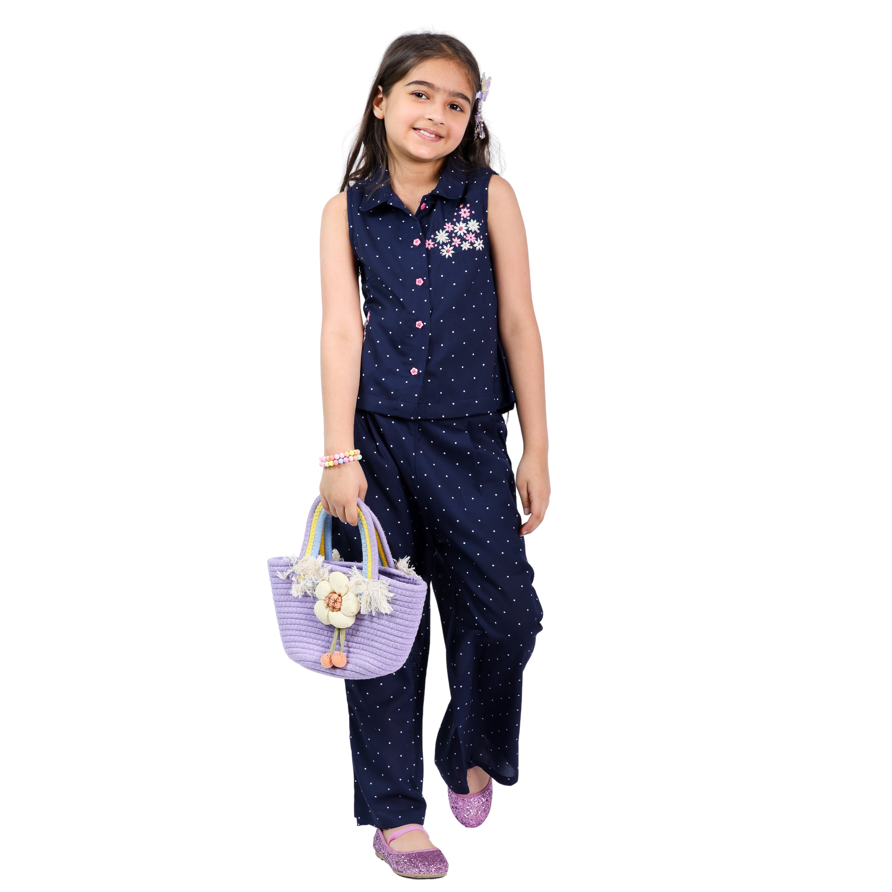 Navy Polka Girls Pink Clr Floral Emb Stylish Formal Wear Clothing Set
