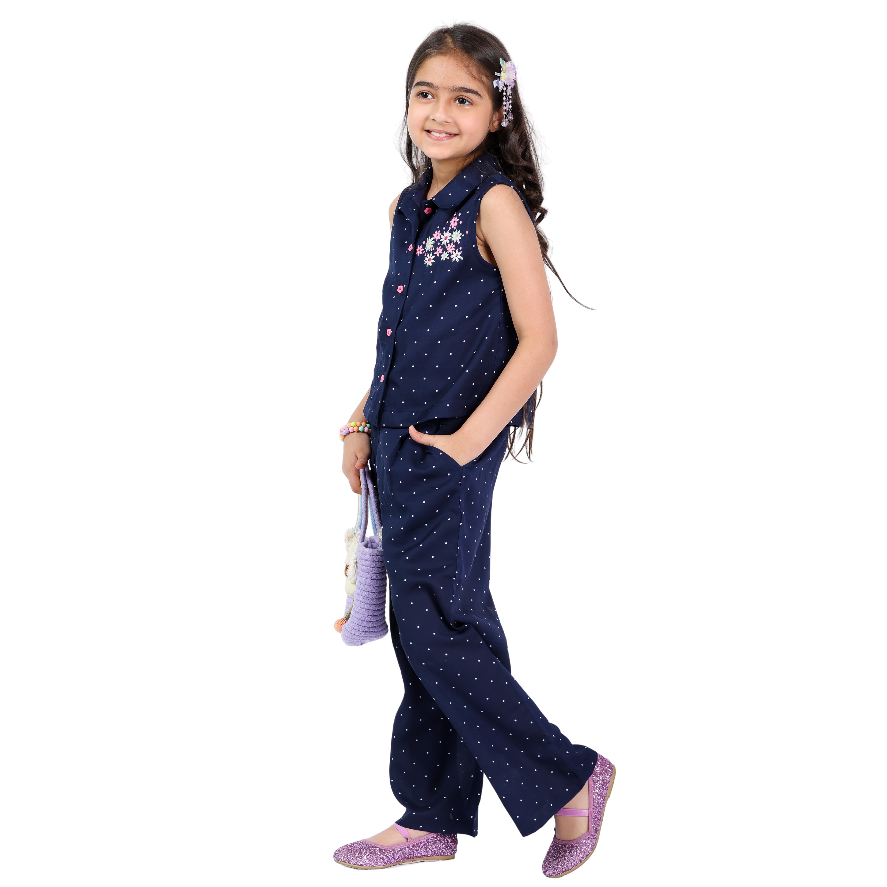 Navy Polka Girls Pink Clr Floral Emb Stylish Formal Wear Clothing Set