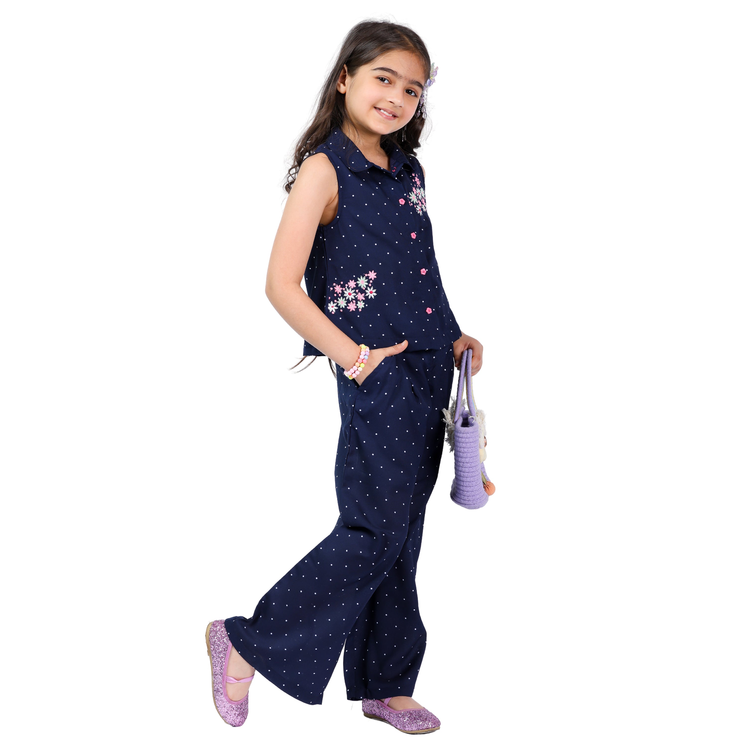Navy Polka Girls Pink Clr Floral Emb Stylish Formal Wear Clothing Set