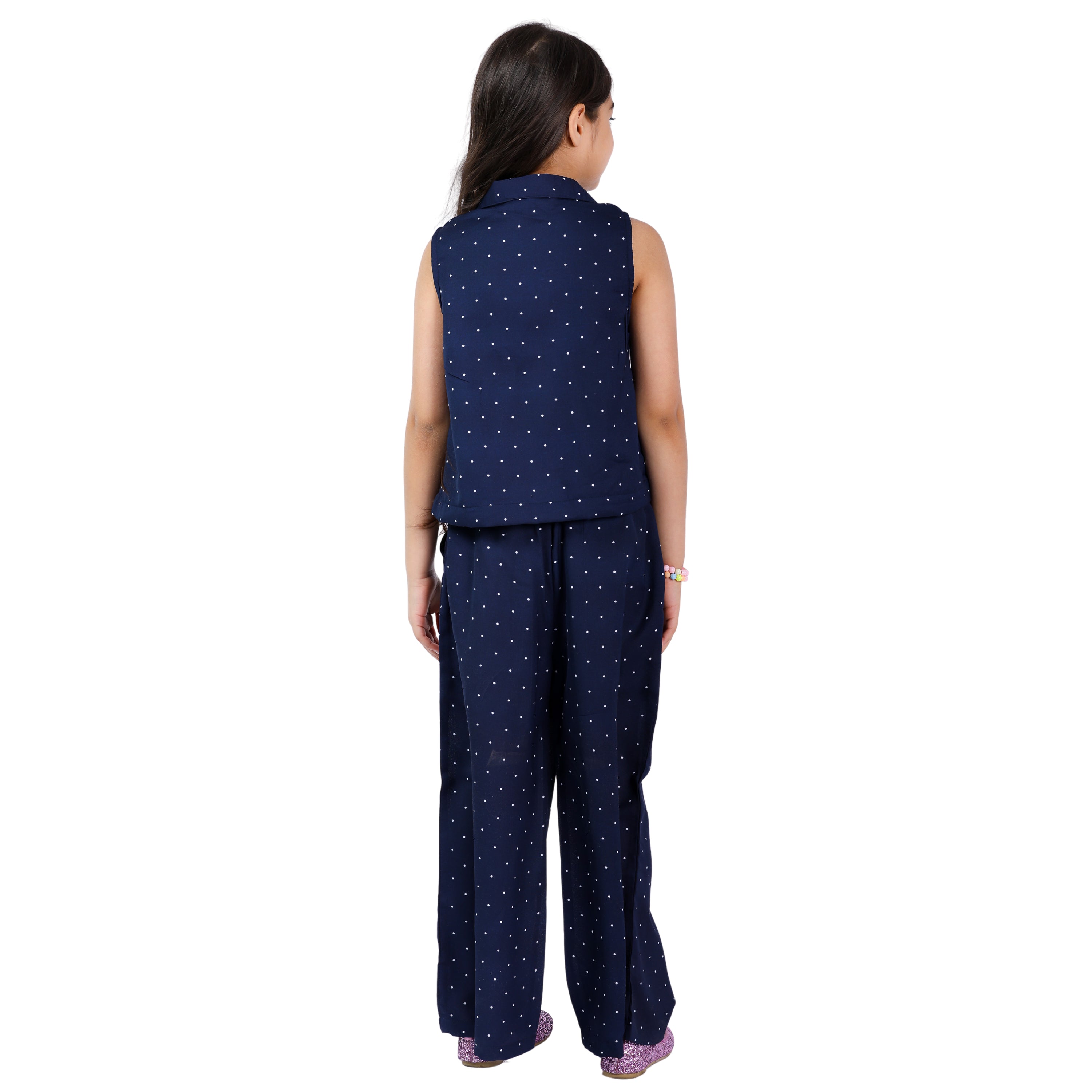 Navy Polka Girls Pink Clr Floral Emb Stylish Formal Wear Clothing Set