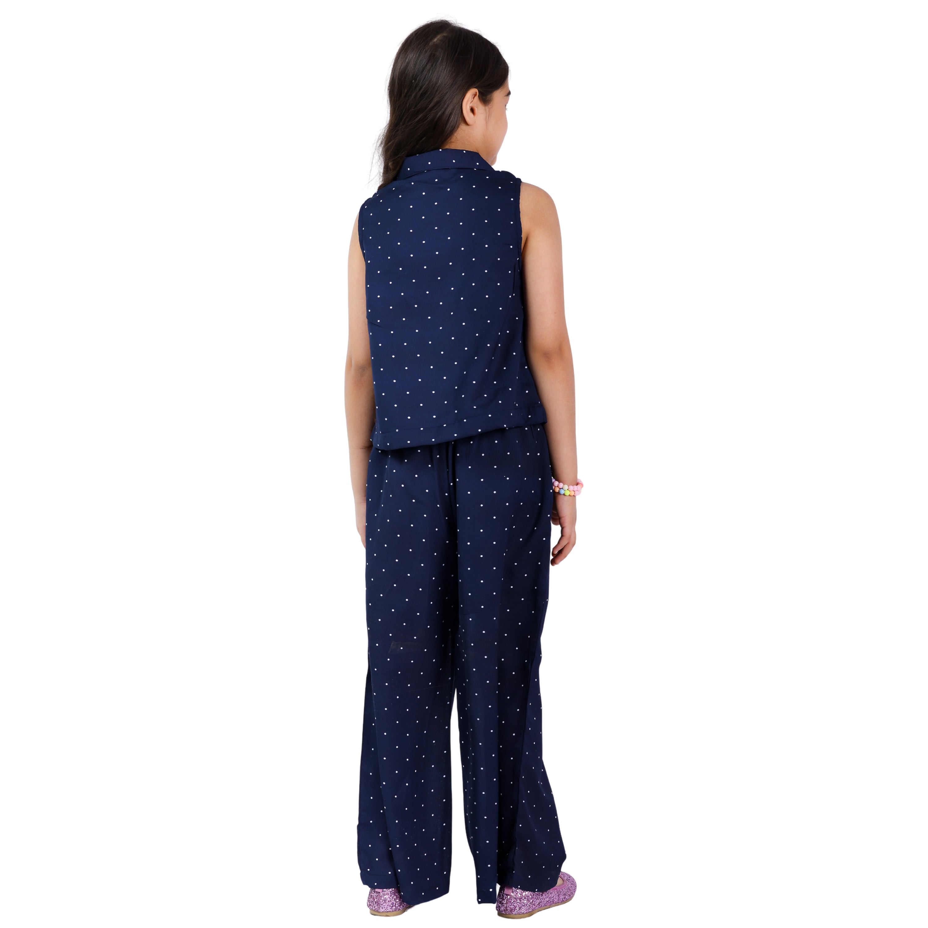 Navy Polka Girls Pink Clr Floral Emb Stylish Formal Wear Clothing Set