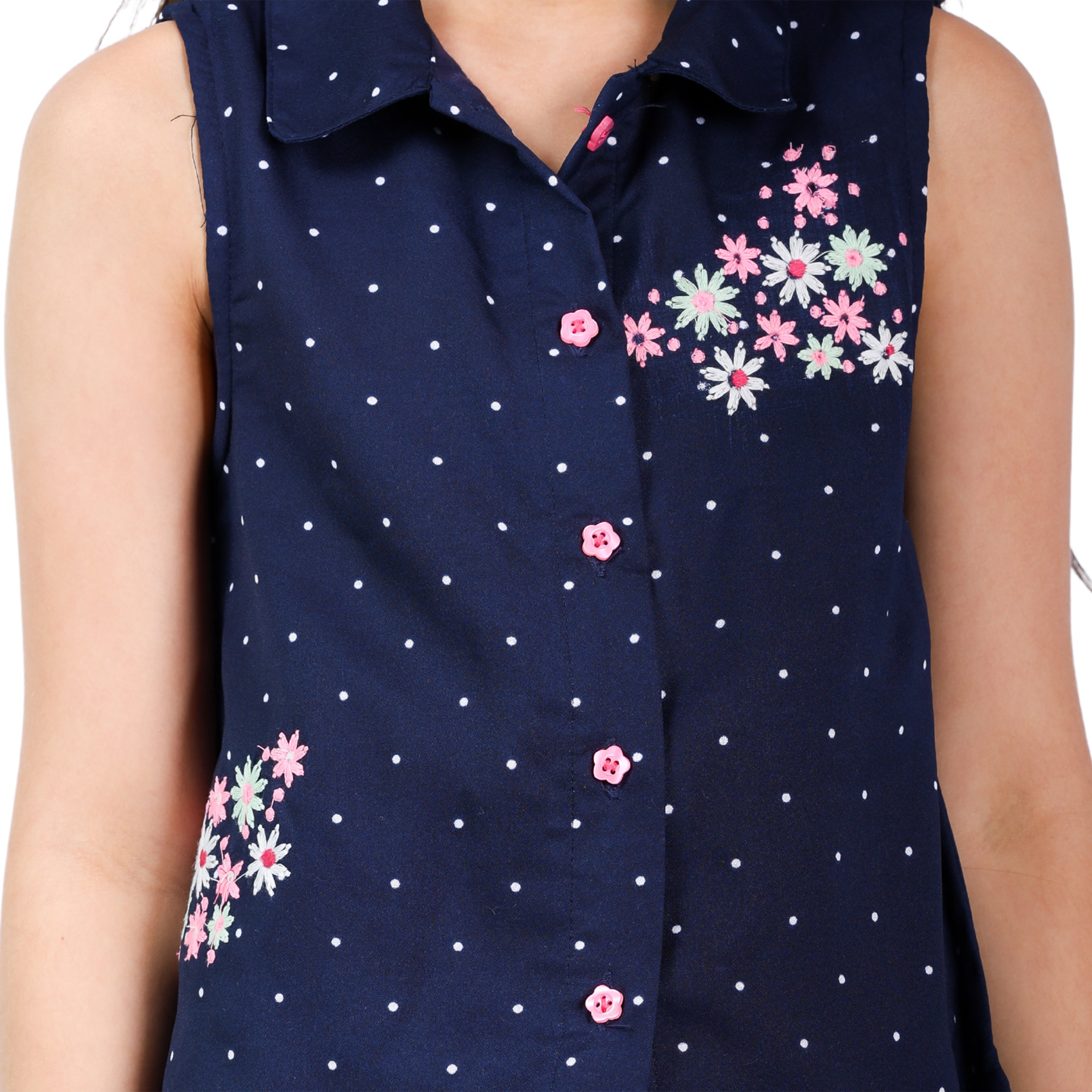 Navy Polka Girls Pink Clr Floral Emb Stylish Formal Wear Clothing Set