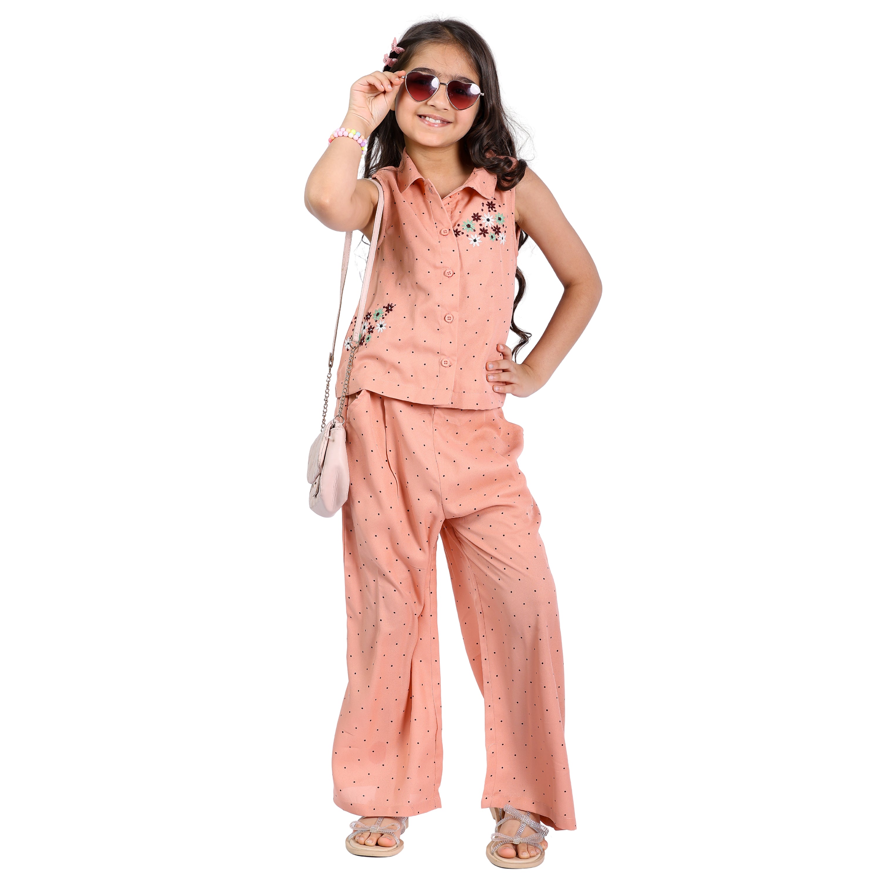 Girls Clothing Set – Beige Polka with Floral Embroidery (4–10 Yrs)