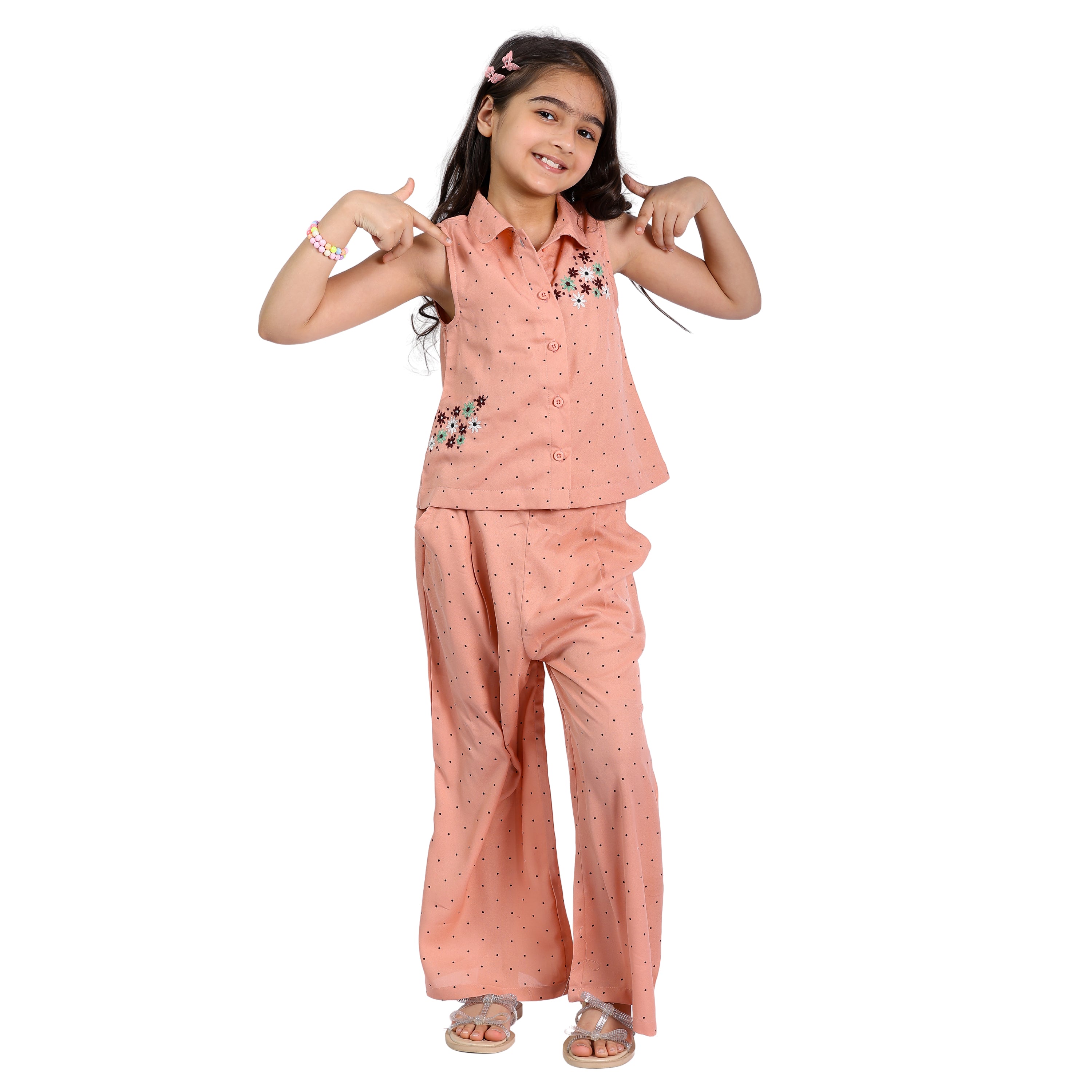 Girls Clothing Set – Beige Polka with Floral Embroidery (4–10 Yrs)