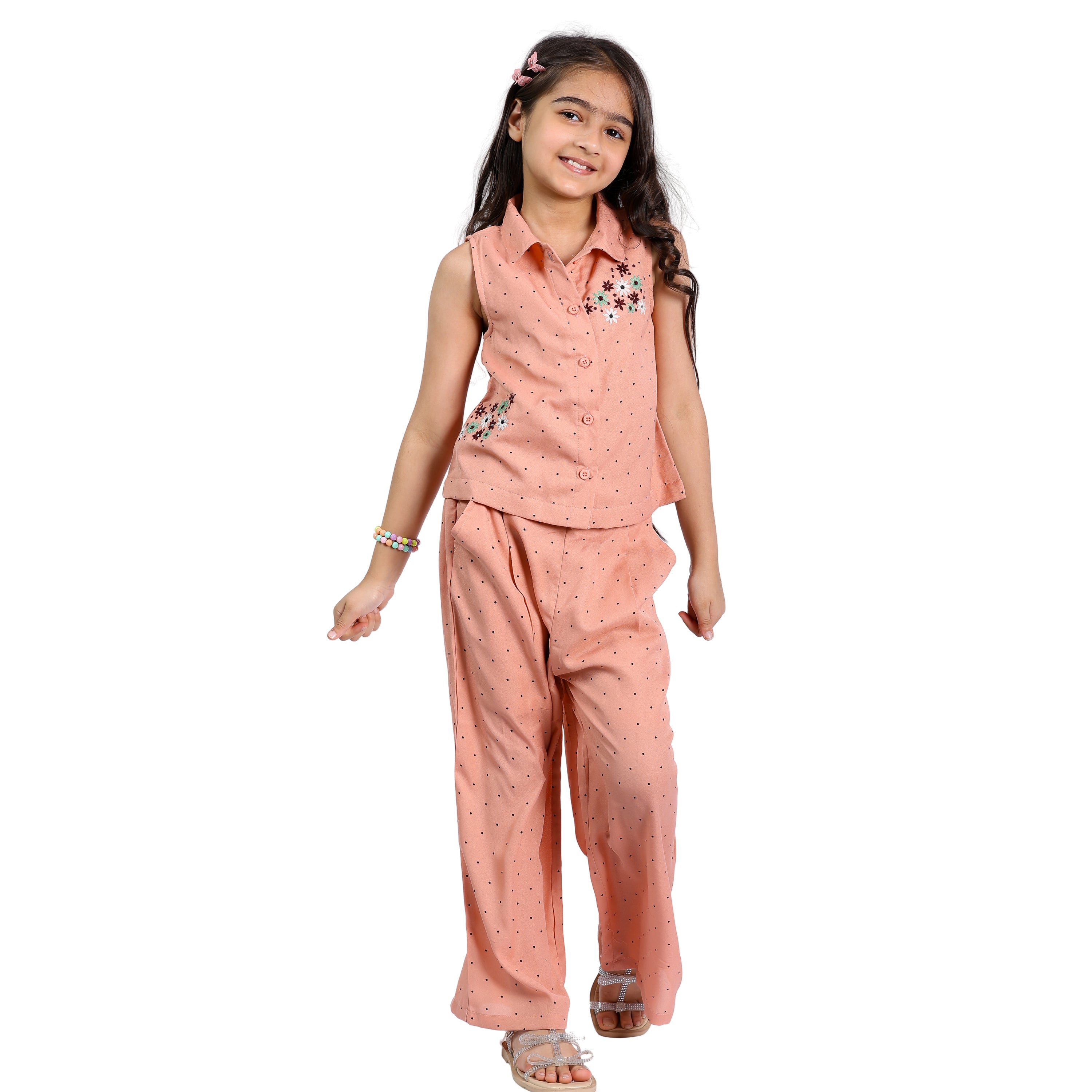 Girls Clothing Set – Beige Polka with Floral Embroidery (4–10 Yrs)