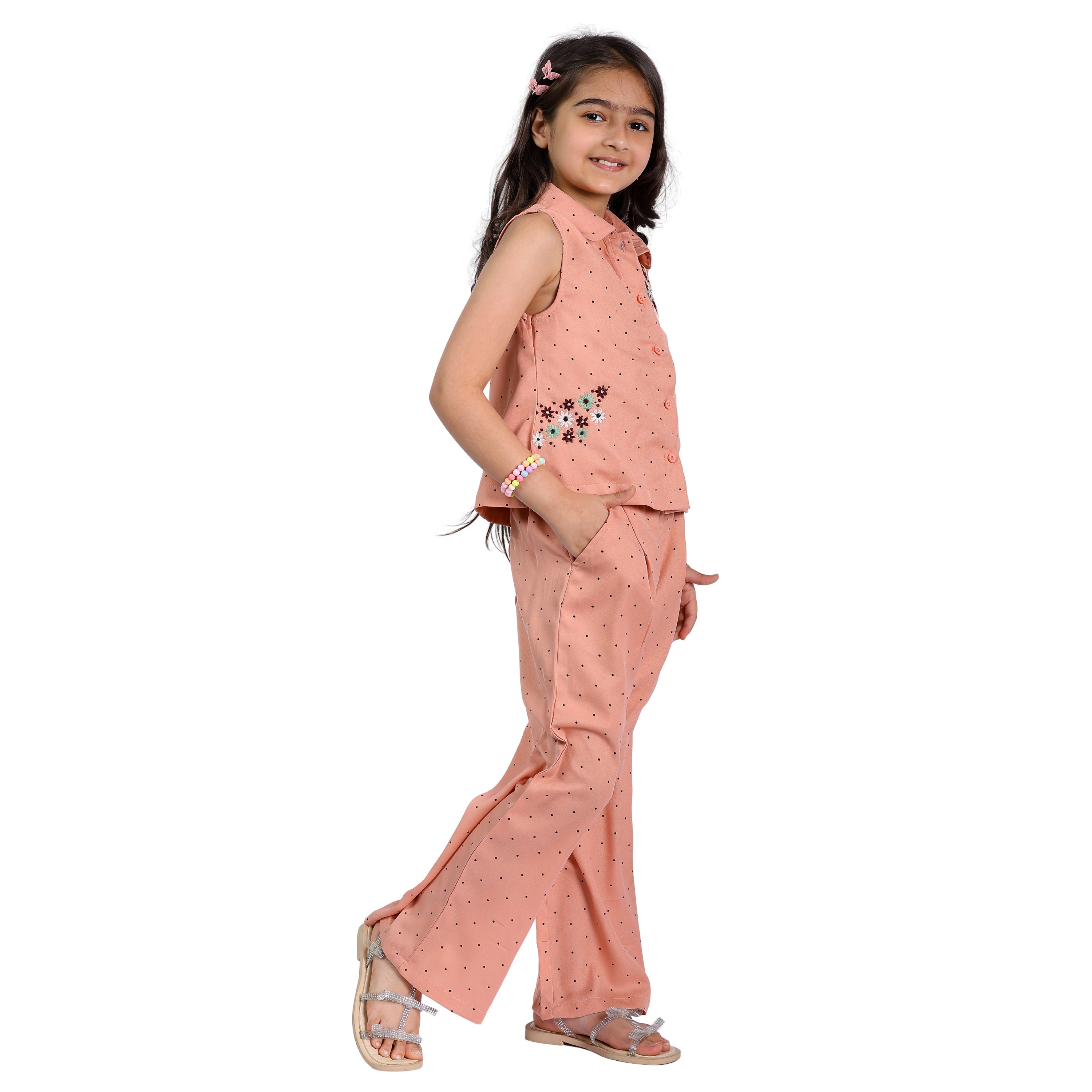 Girls Clothing Set – Beige Polka with Floral Embroidery (4–10 Yrs)