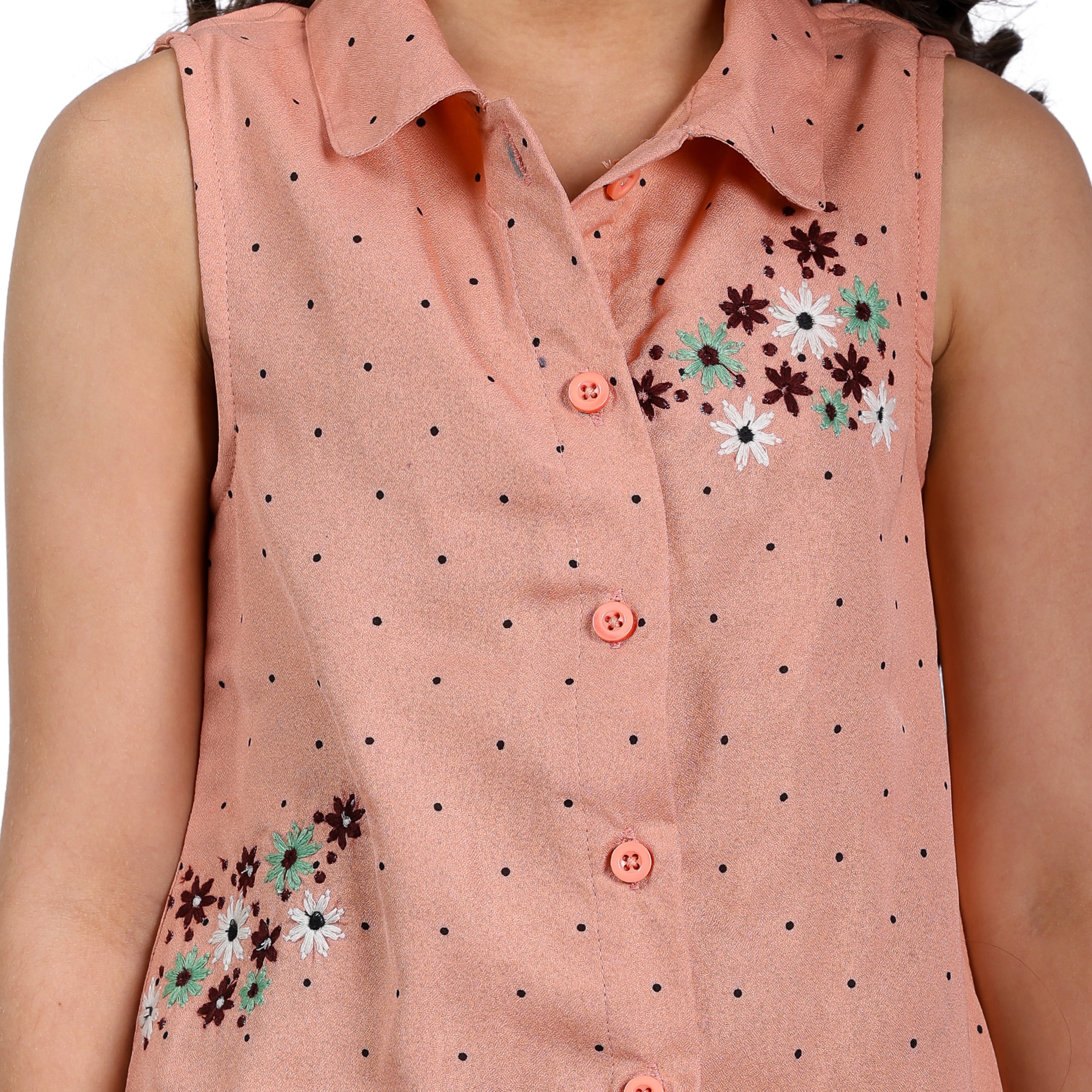 Girls Clothing Set – Beige Polka with Floral Embroidery (4–10 Yrs)