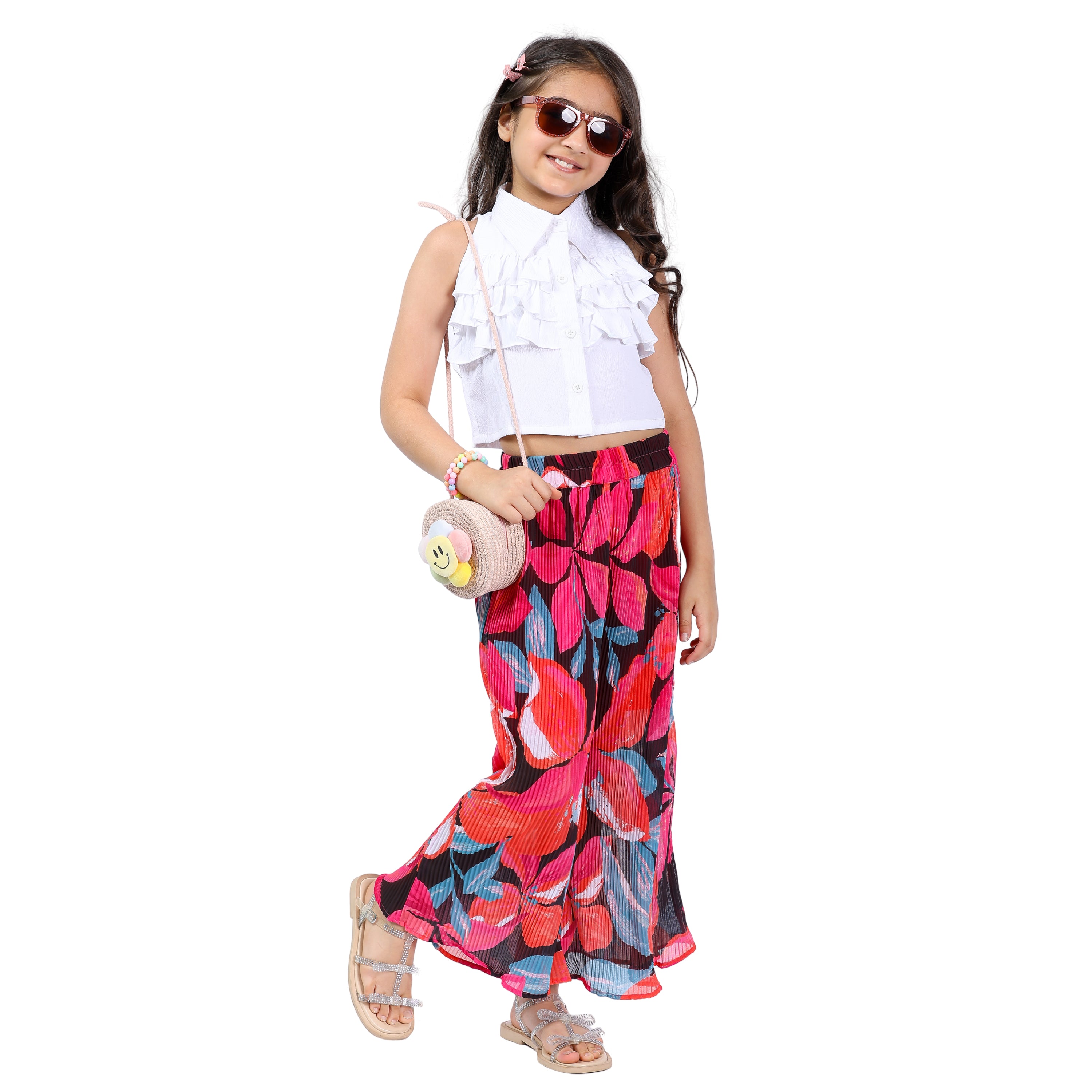 Girls Floral Printed & Pleated Clothing Set – White & Red (4–10 Yrs)