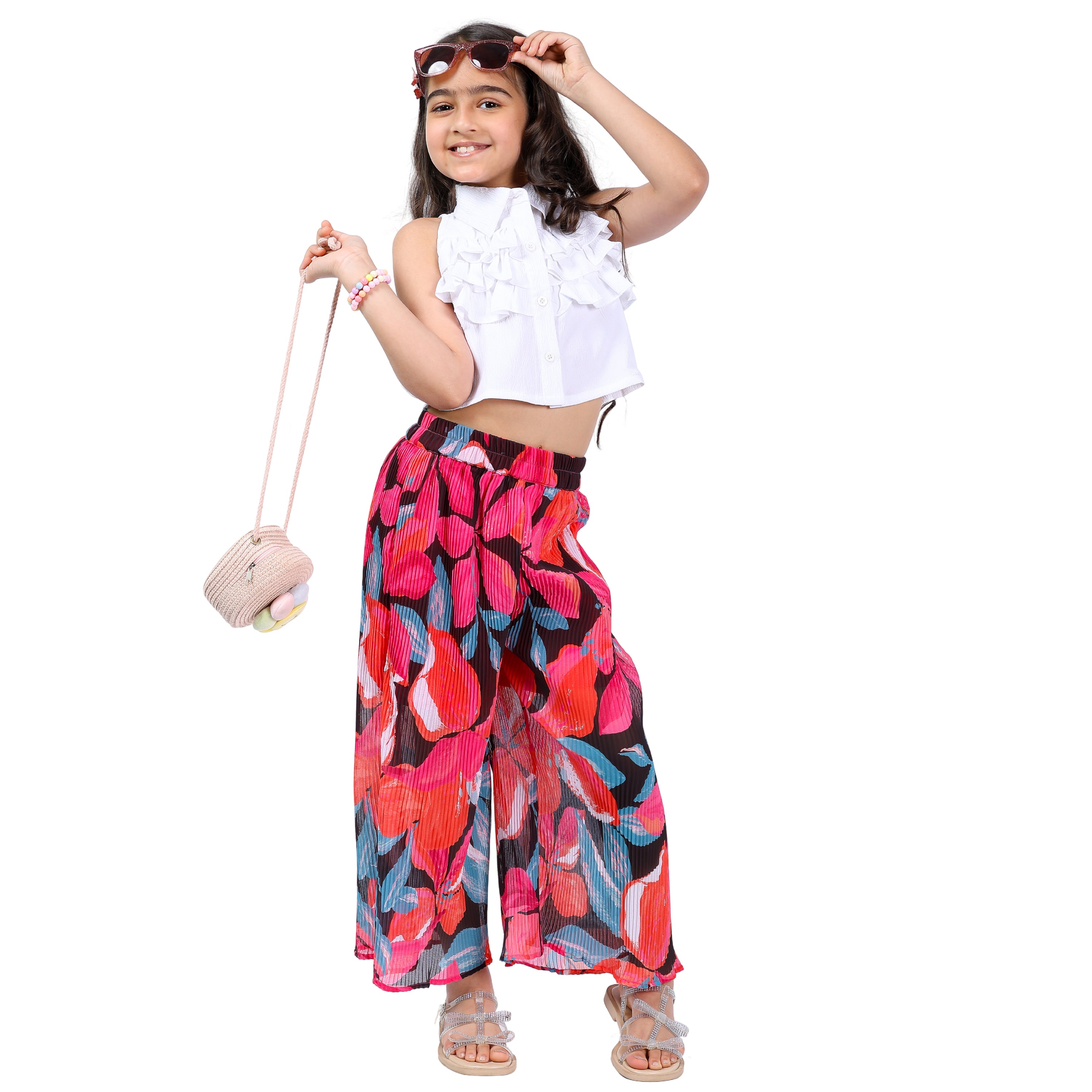 Girls Floral Printed & Pleated Clothing Set – White & Red (4–10 Yrs)