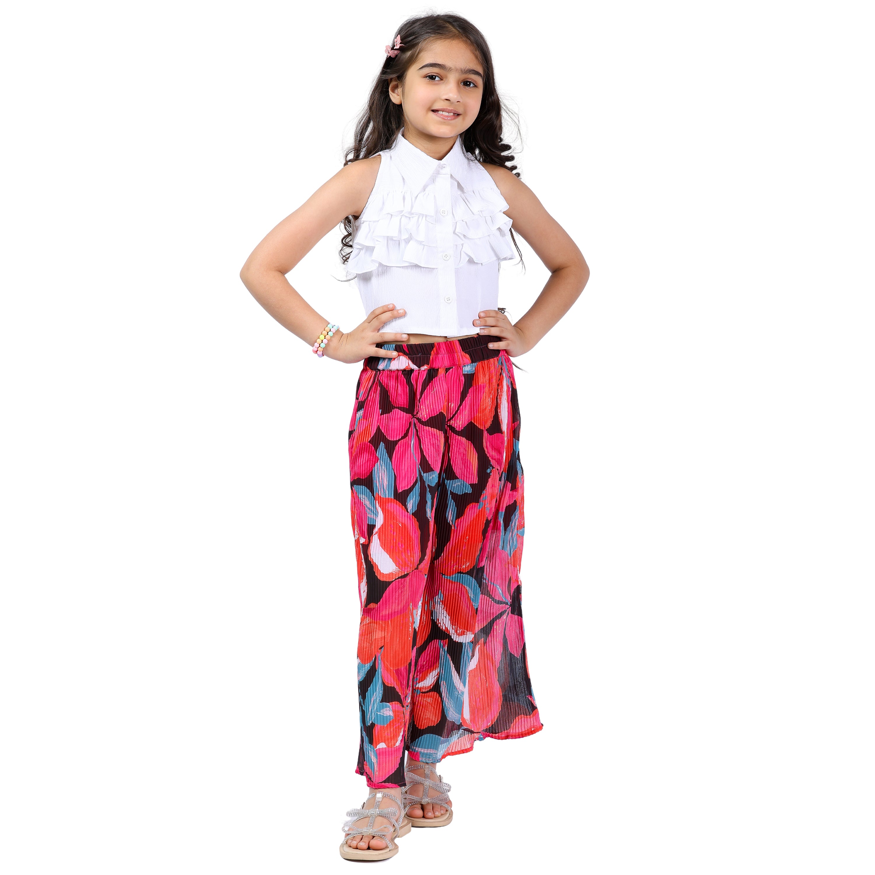 Girls Floral Printed & Pleated Clothing Set – White & Red (4–10 Yrs)